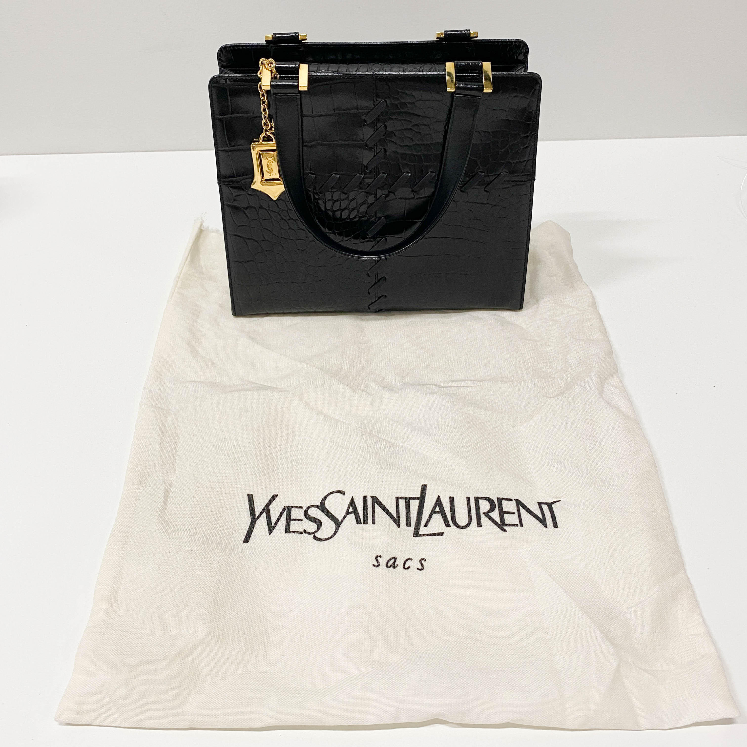 Black Croc Embossed Calfskin Leather Bag