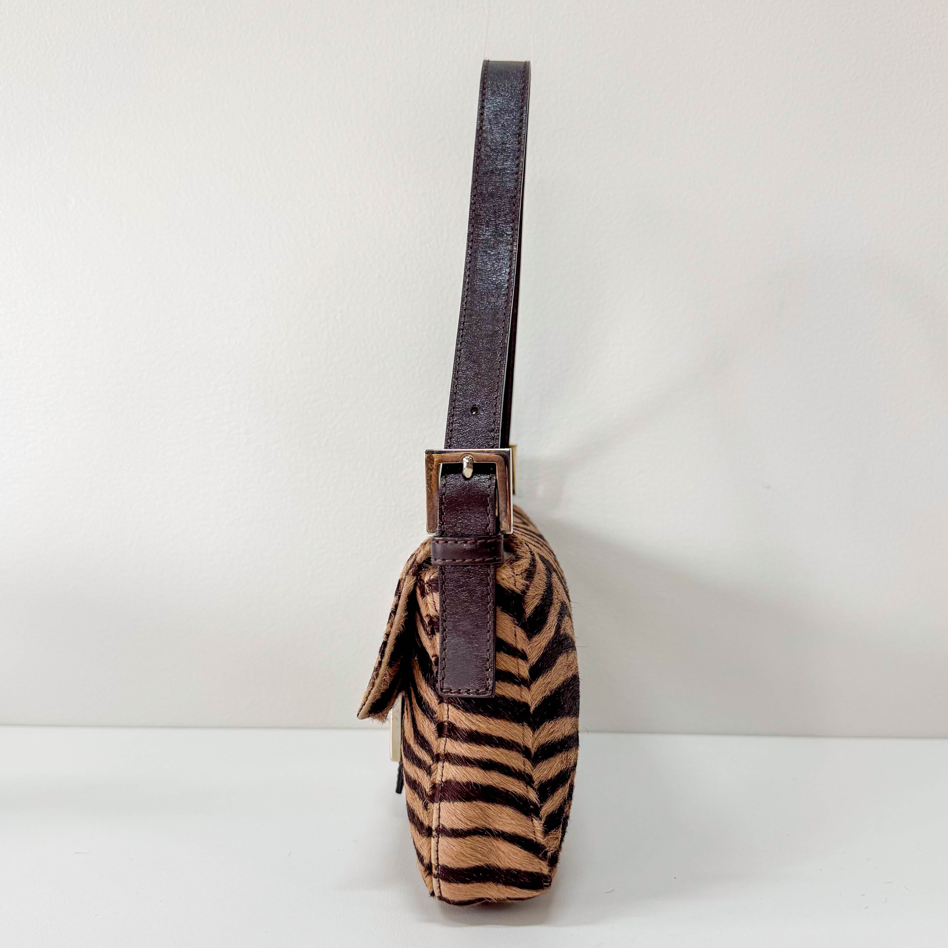 Baguette Pony Hair Brown Zebra Print Shoulder Bag