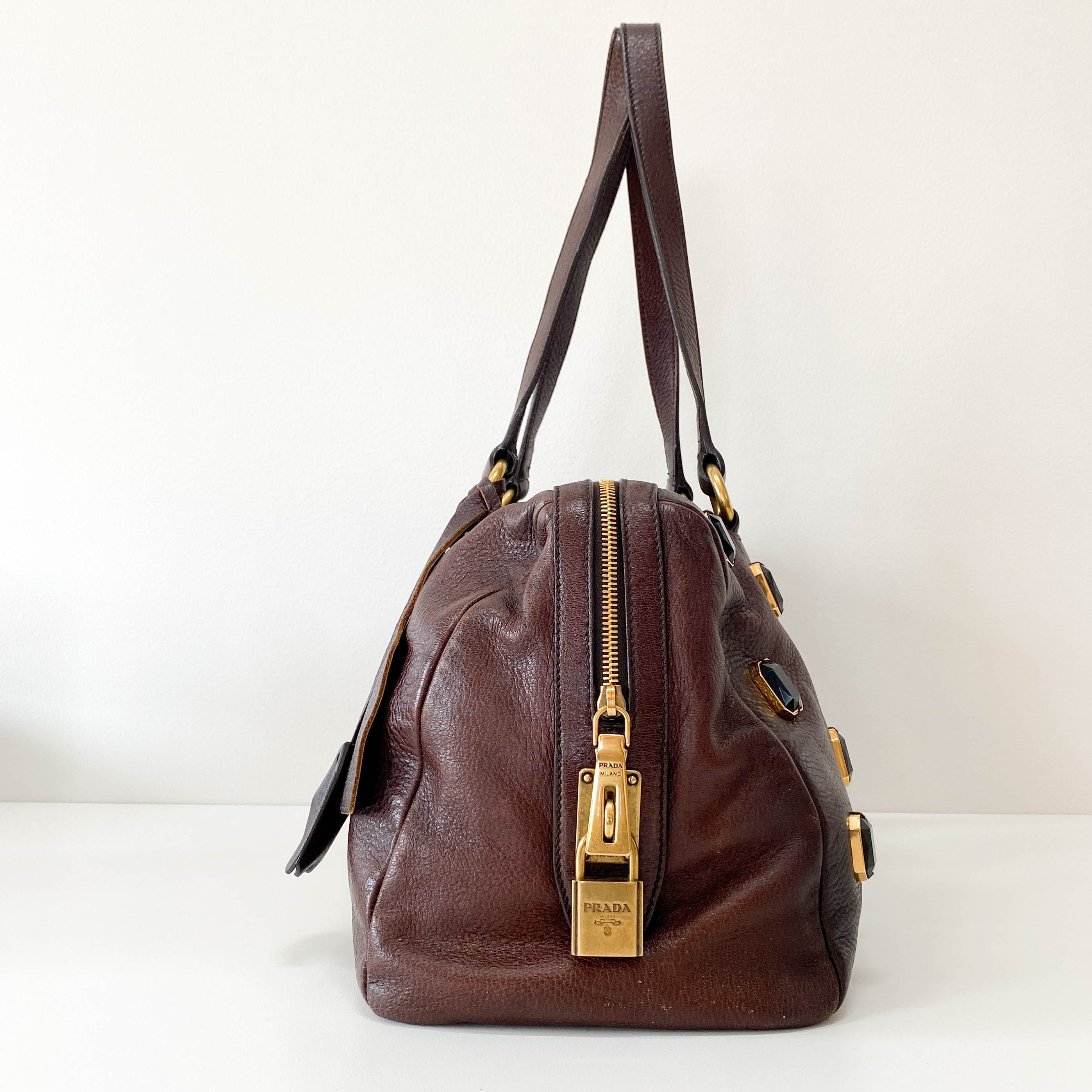 Tessuto Brown Leather Pietre Jeweled Tote Shoulder Bag