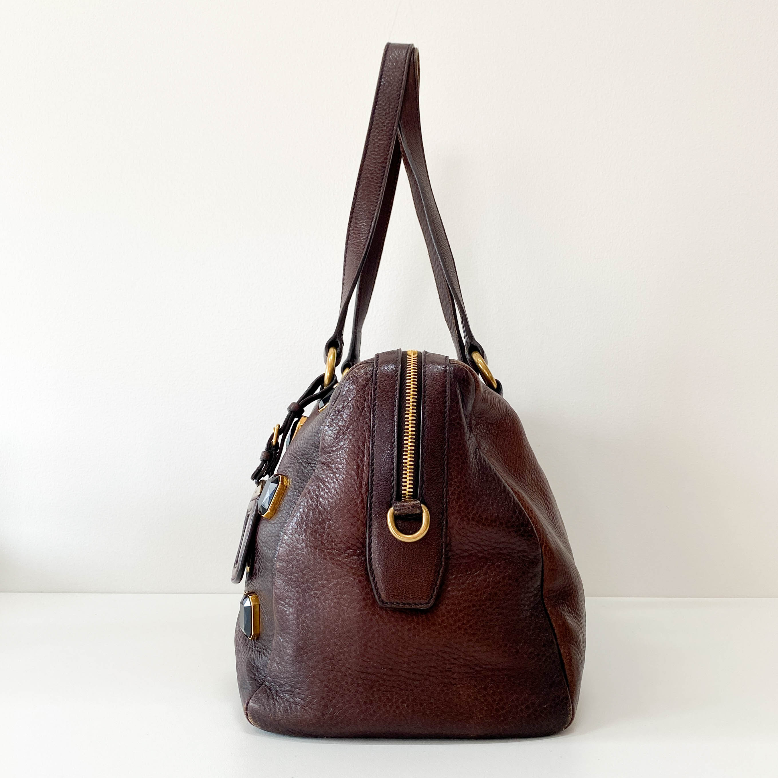 Tessuto Brown Leather Pietre Jeweled Tote Shoulder Bag