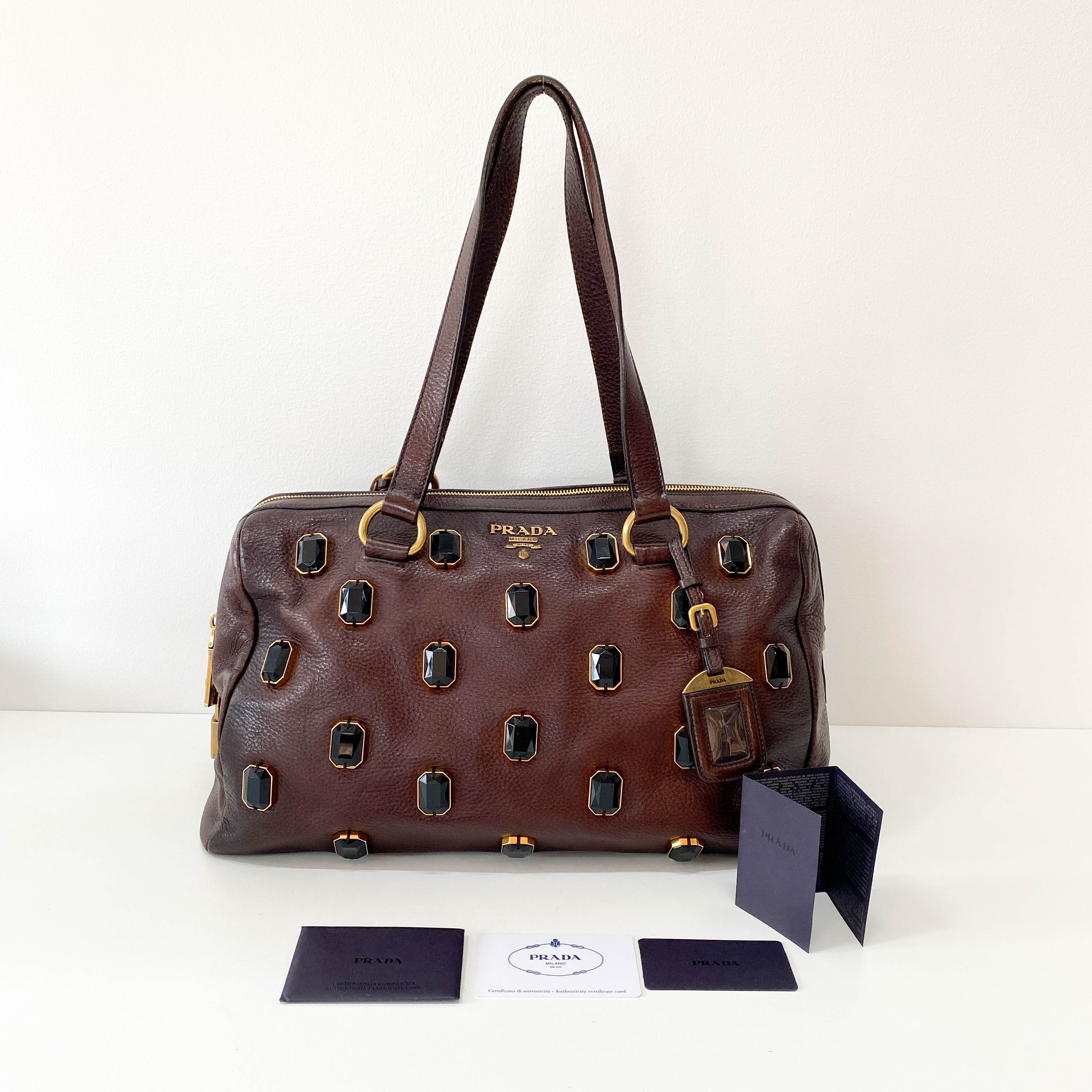 Tessuto Brown Leather Pietre Jeweled Tote Shoulder Bag