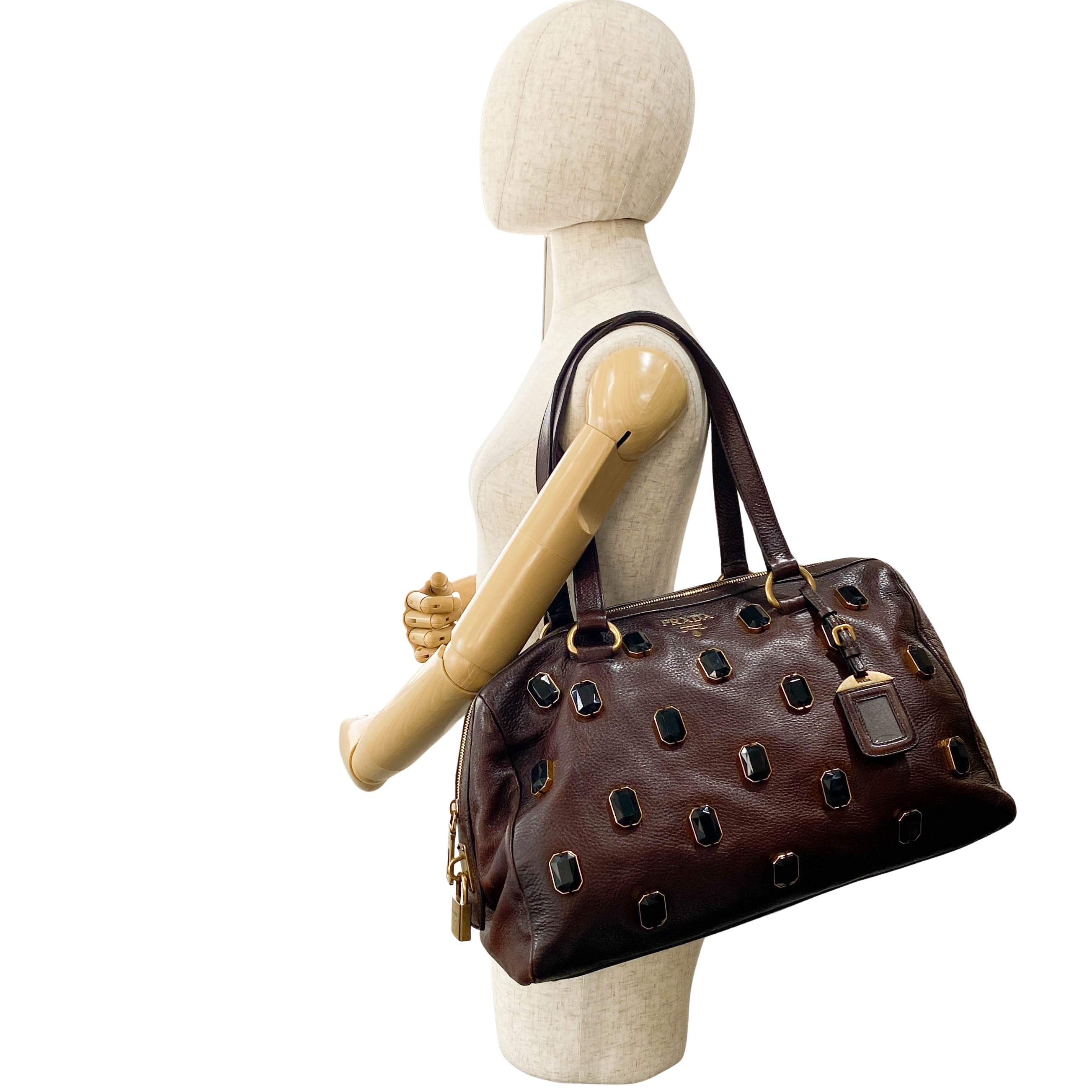 Tessuto Brown Leather Pietre Jeweled Tote Shoulder Bag