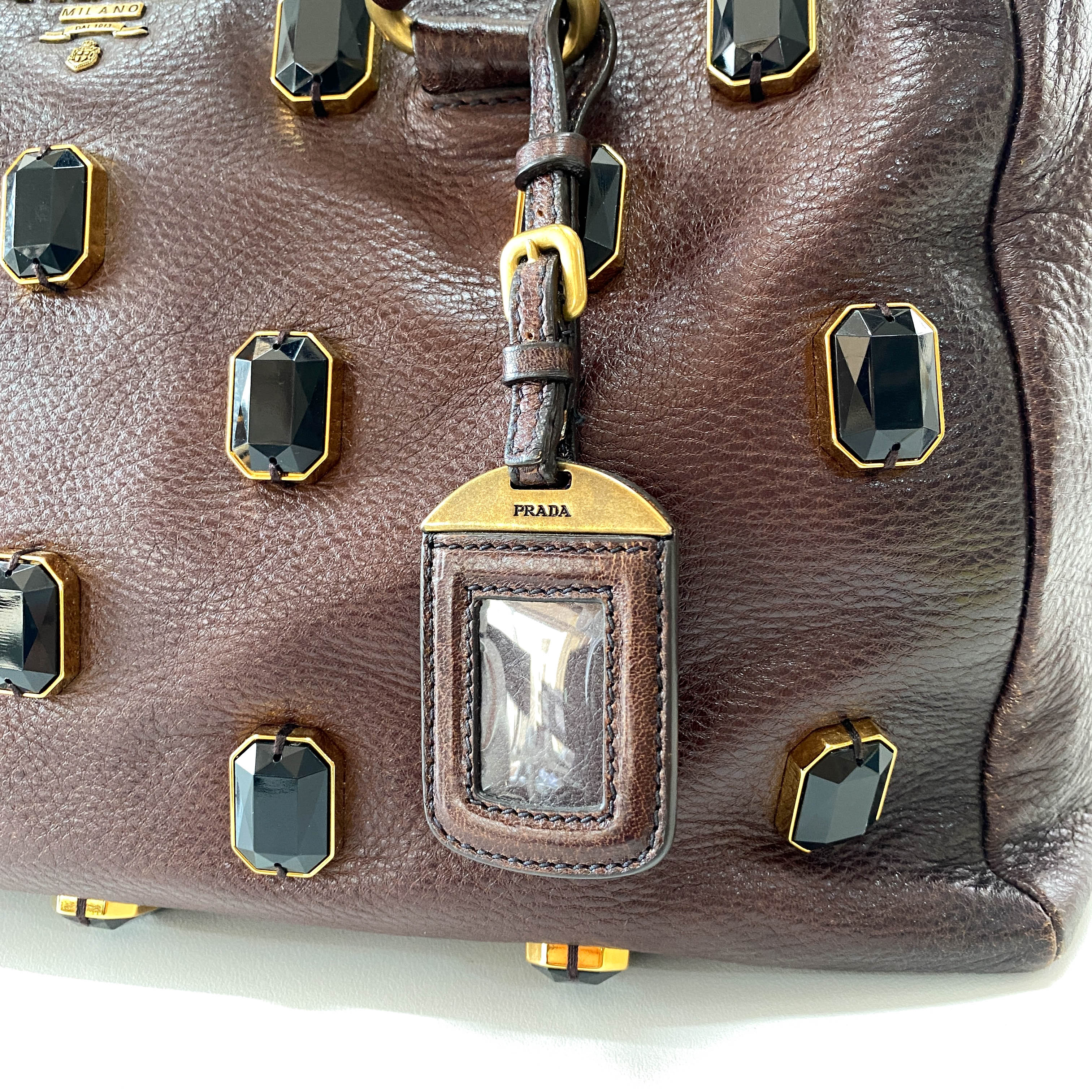 Tessuto Brown Leather Pietre Jeweled Tote Shoulder Bag