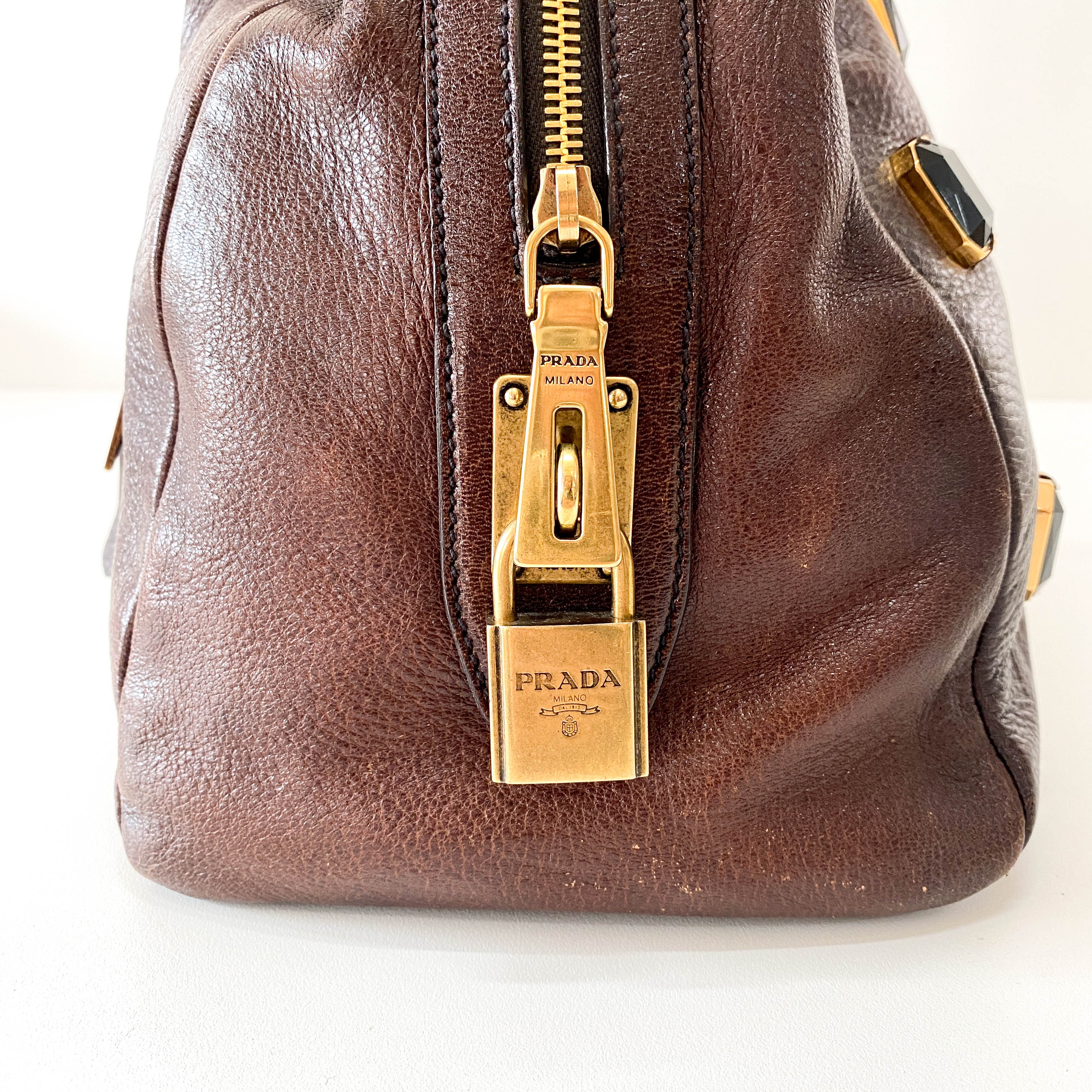Tessuto Brown Leather Pietre Jeweled Tote Shoulder Bag