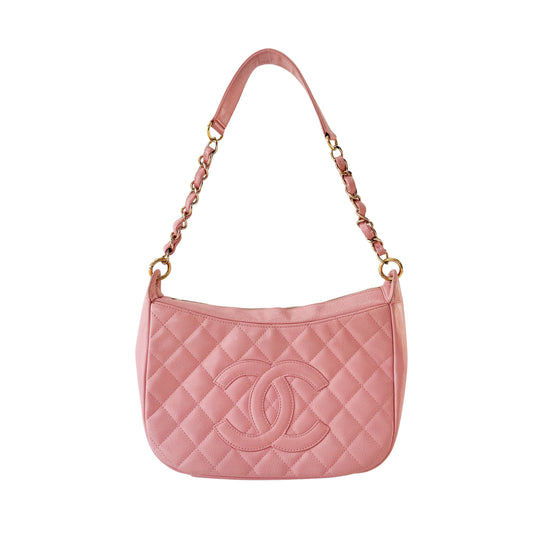 Quilted Grain Calf Skin Leather Pink Hobo Shoulder Bag