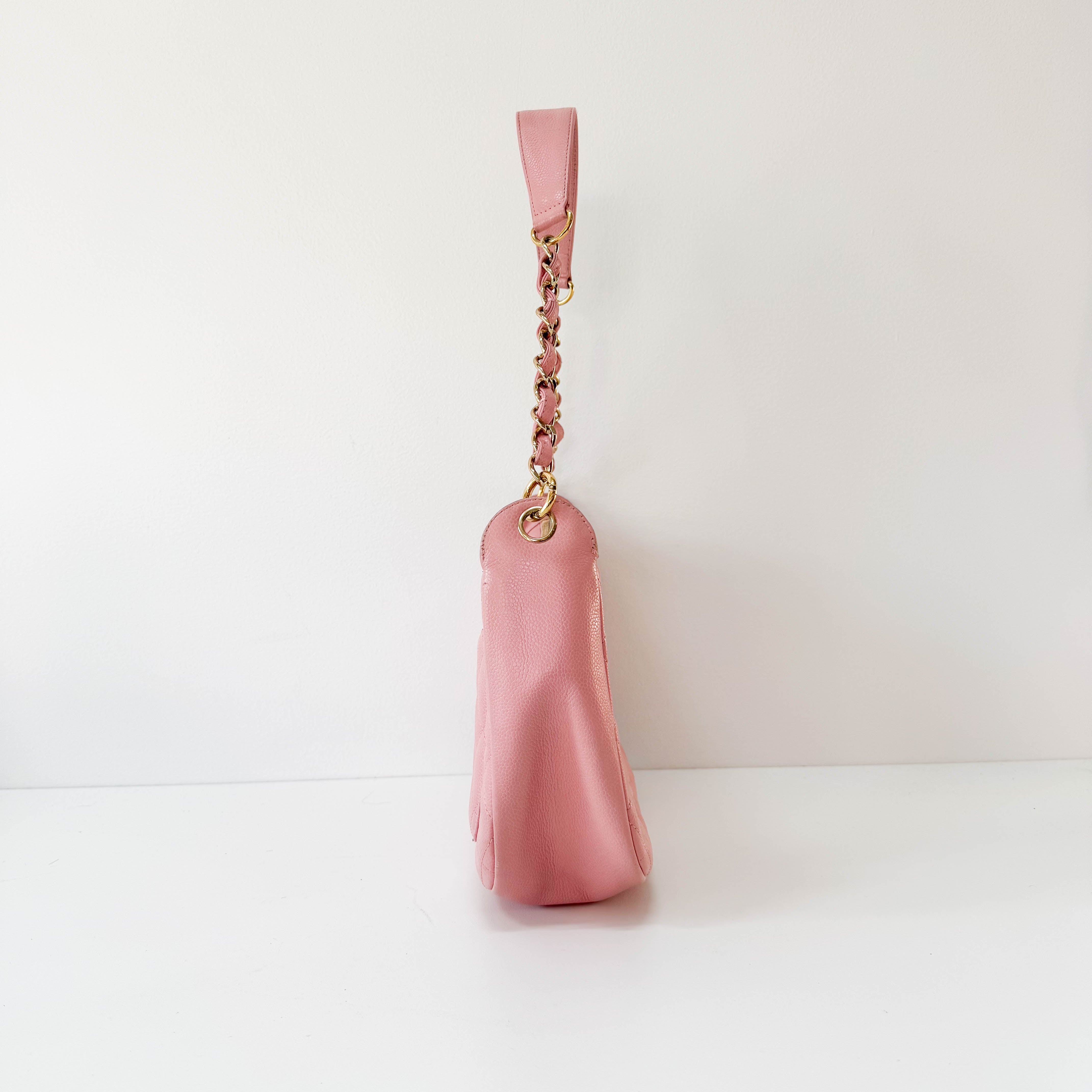 Quilted Grain Calf Skin Leather Pink Hobo Shoulder Bag