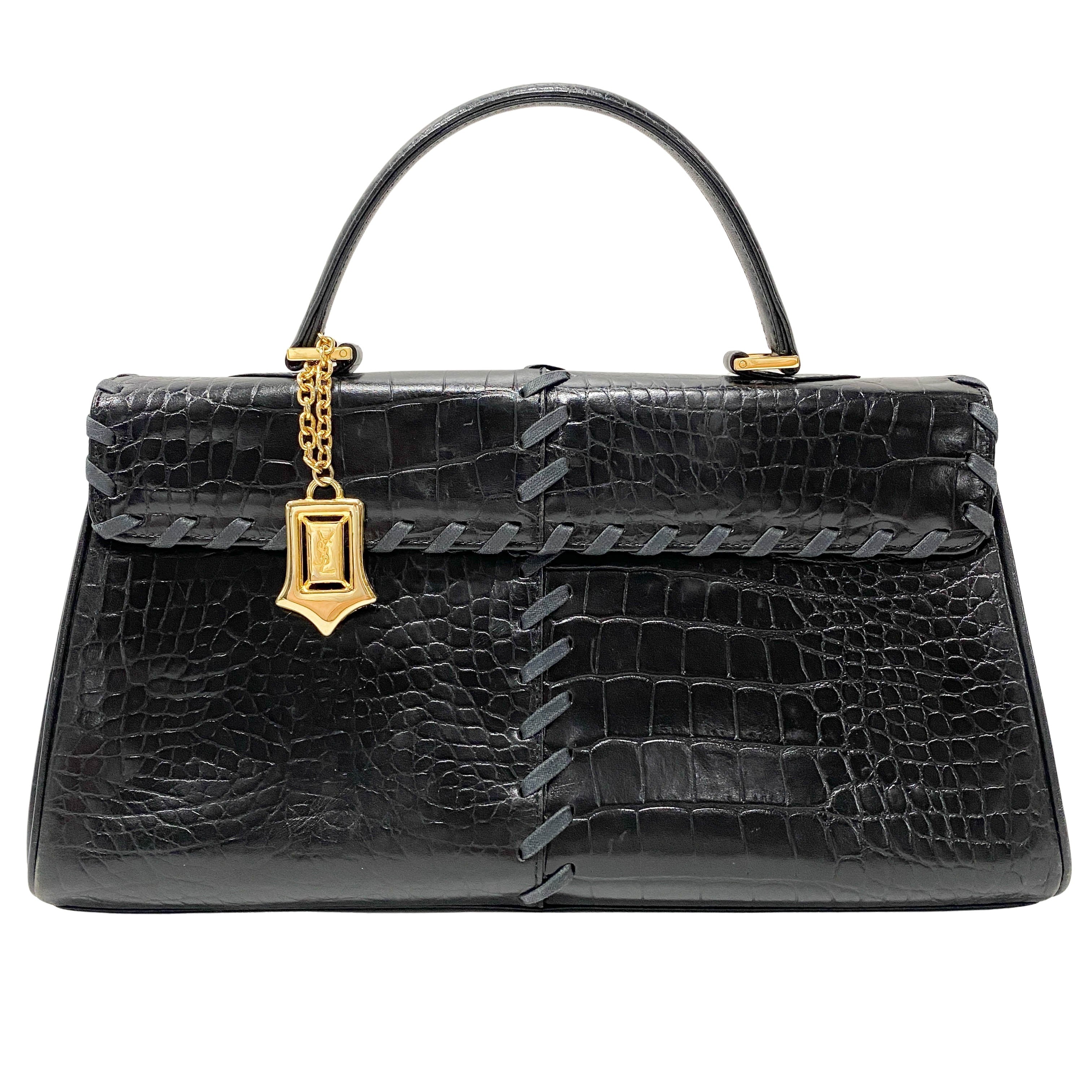 Black Croc Embossed Leather Bag