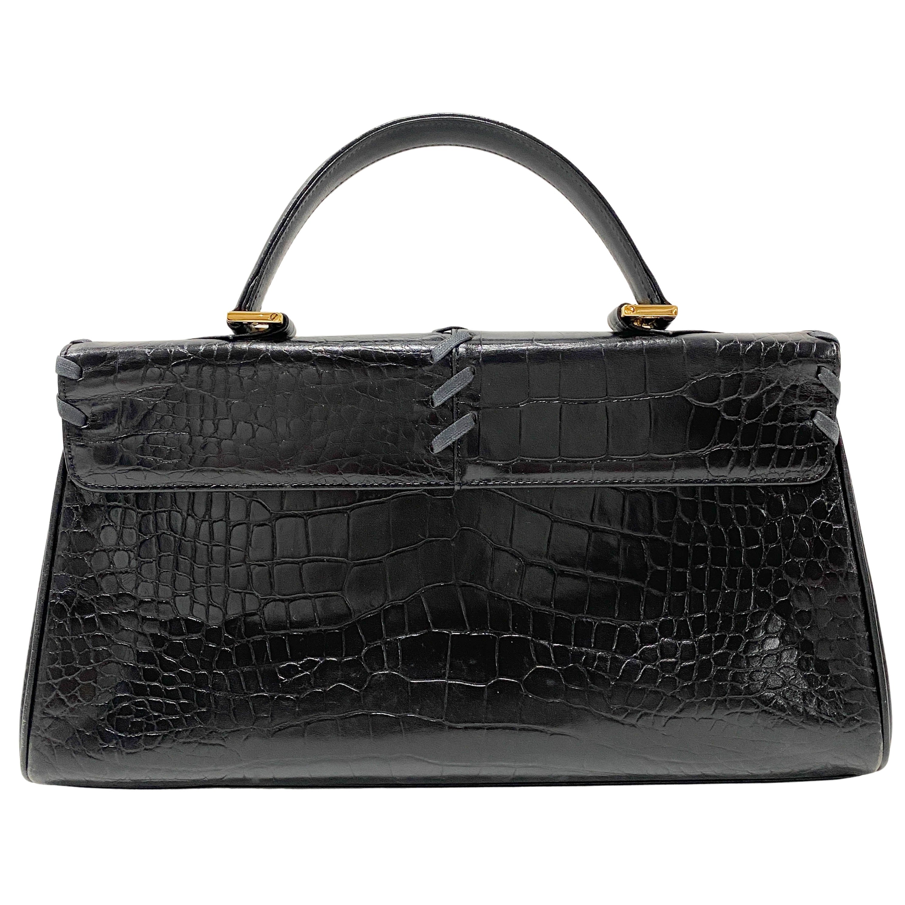 Black Croc Embossed Leather Bag