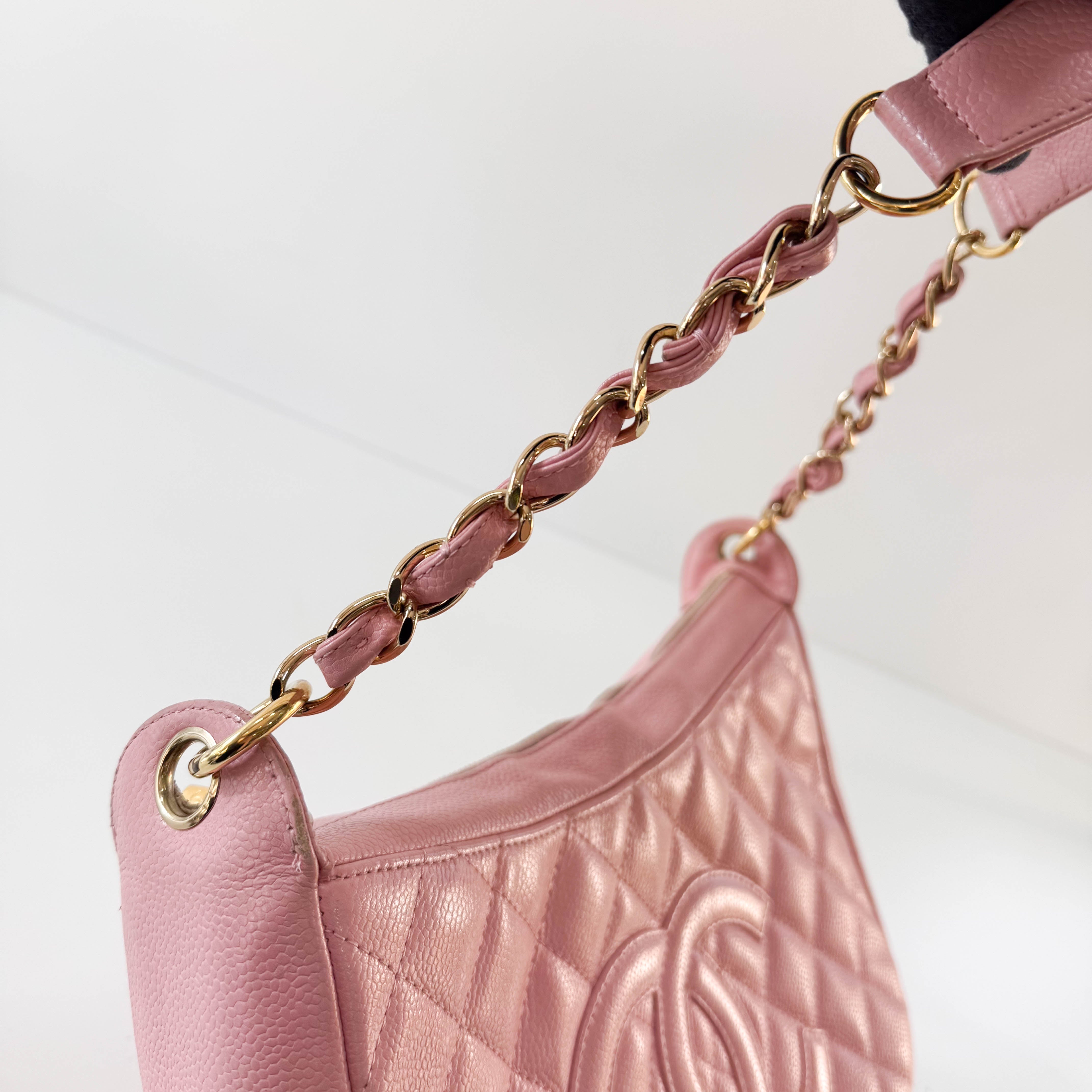 Quilted Grain Calf Skin Leather Pink Hobo Shoulder Bag