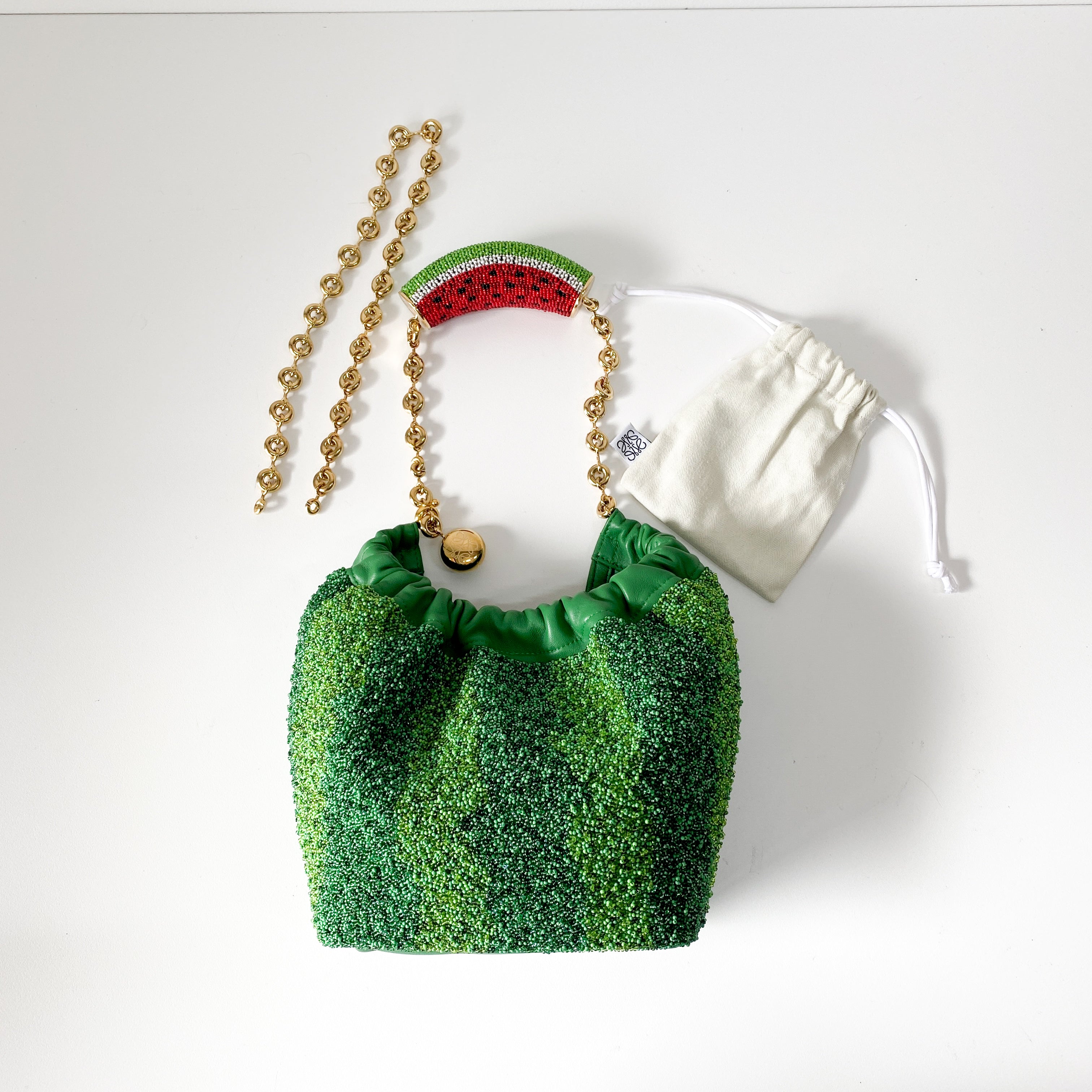 Squeeze Mini Green Leather Beaded Two Way Bag