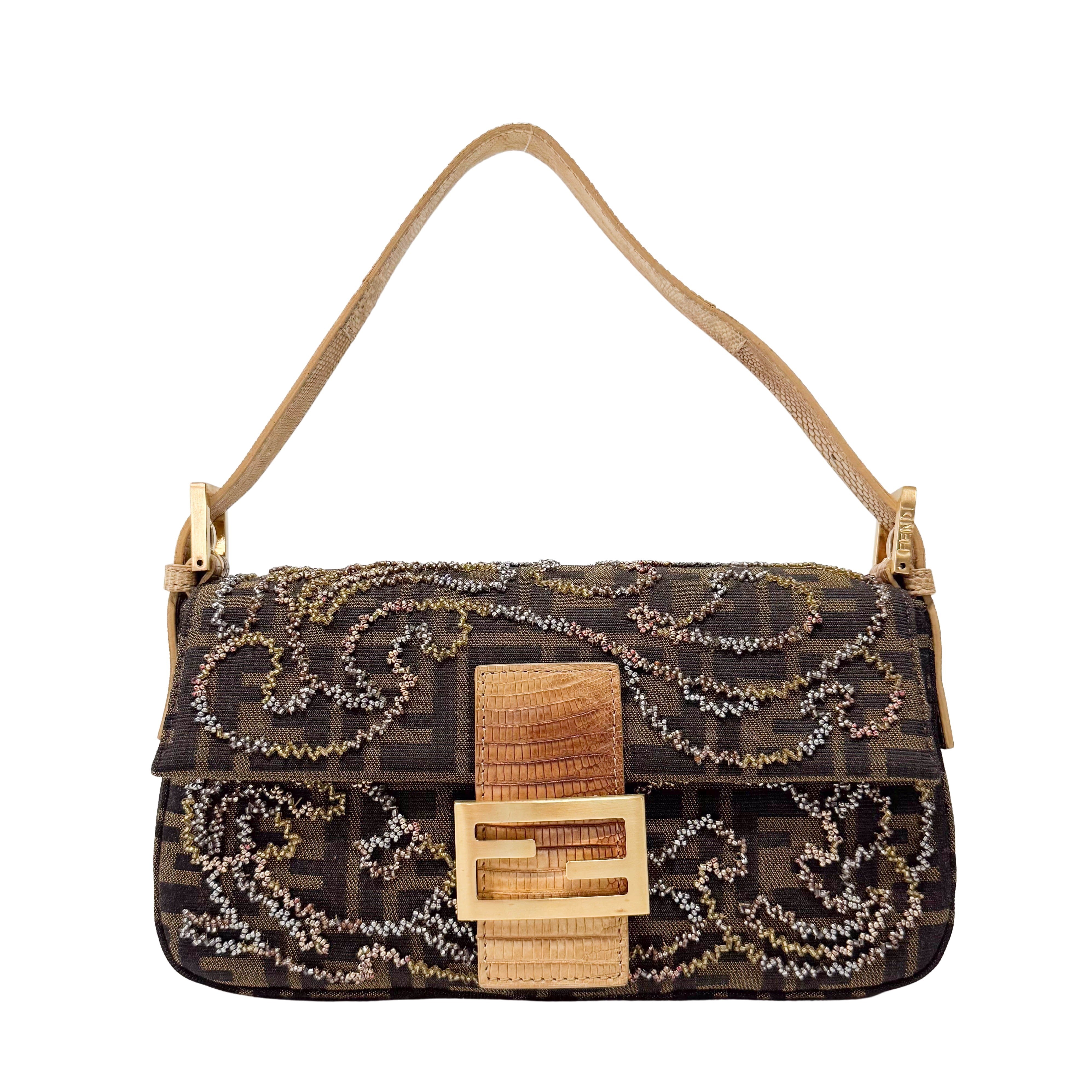 Zucca Baguette Brown Canvas Embroidery Shoulder Bag