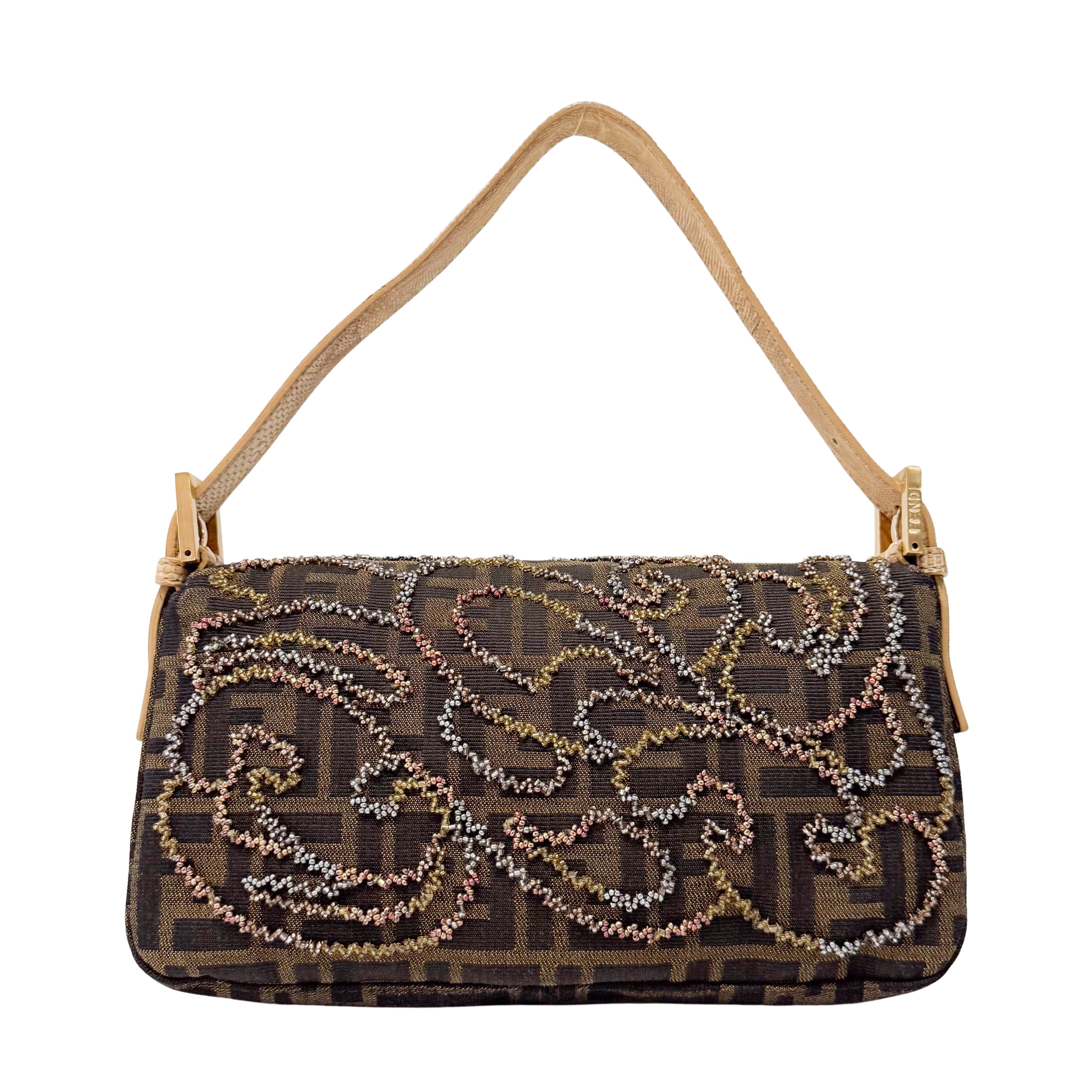 Zucca Baguette Brown Canvas Embroidery Shoulder Bag