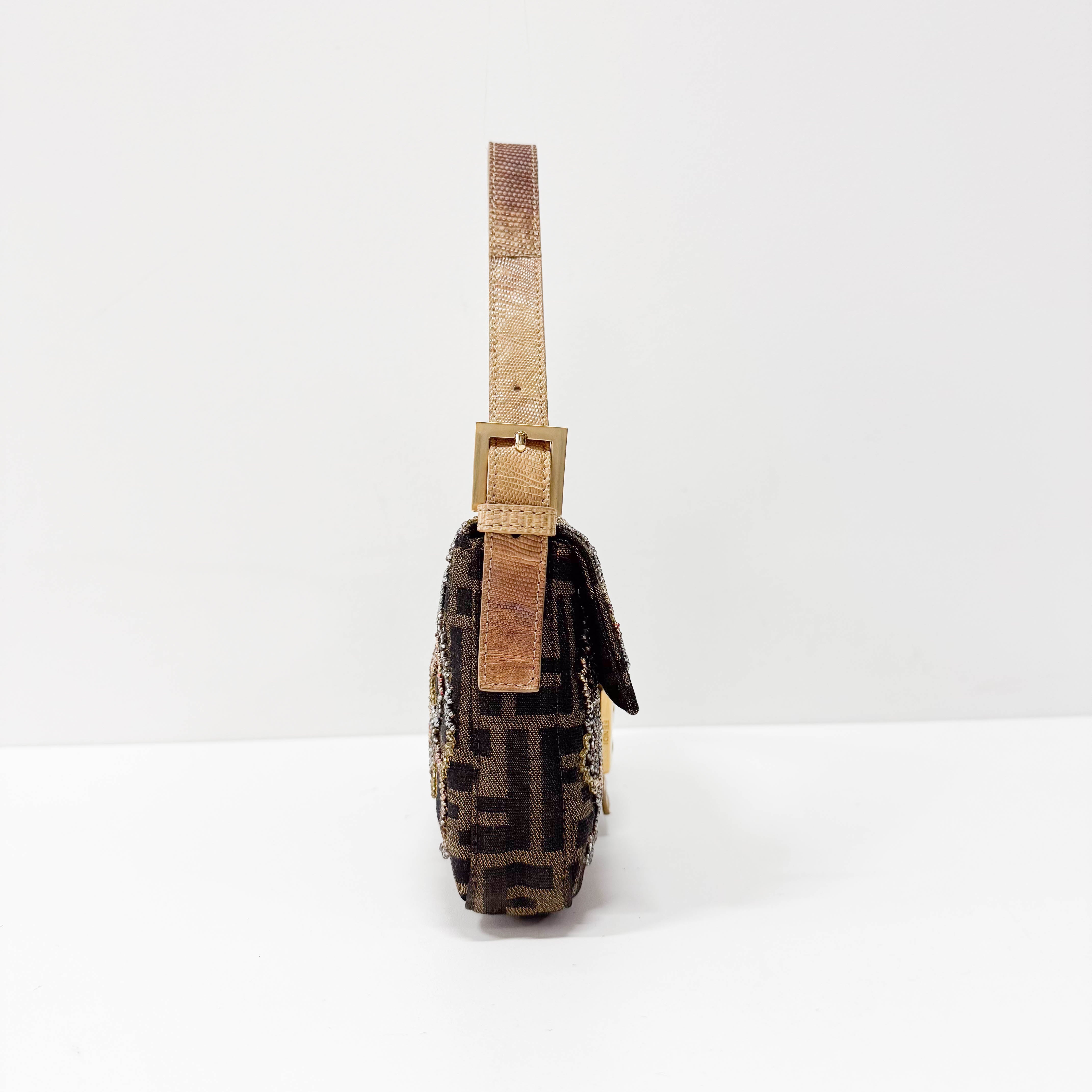 Zucca Baguette Brown Canvas Embroidery Shoulder Bag