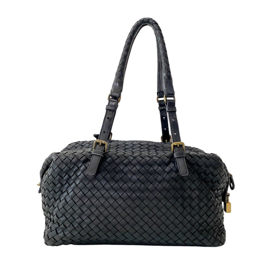 Intrecciato Black Leather Bowling Bag