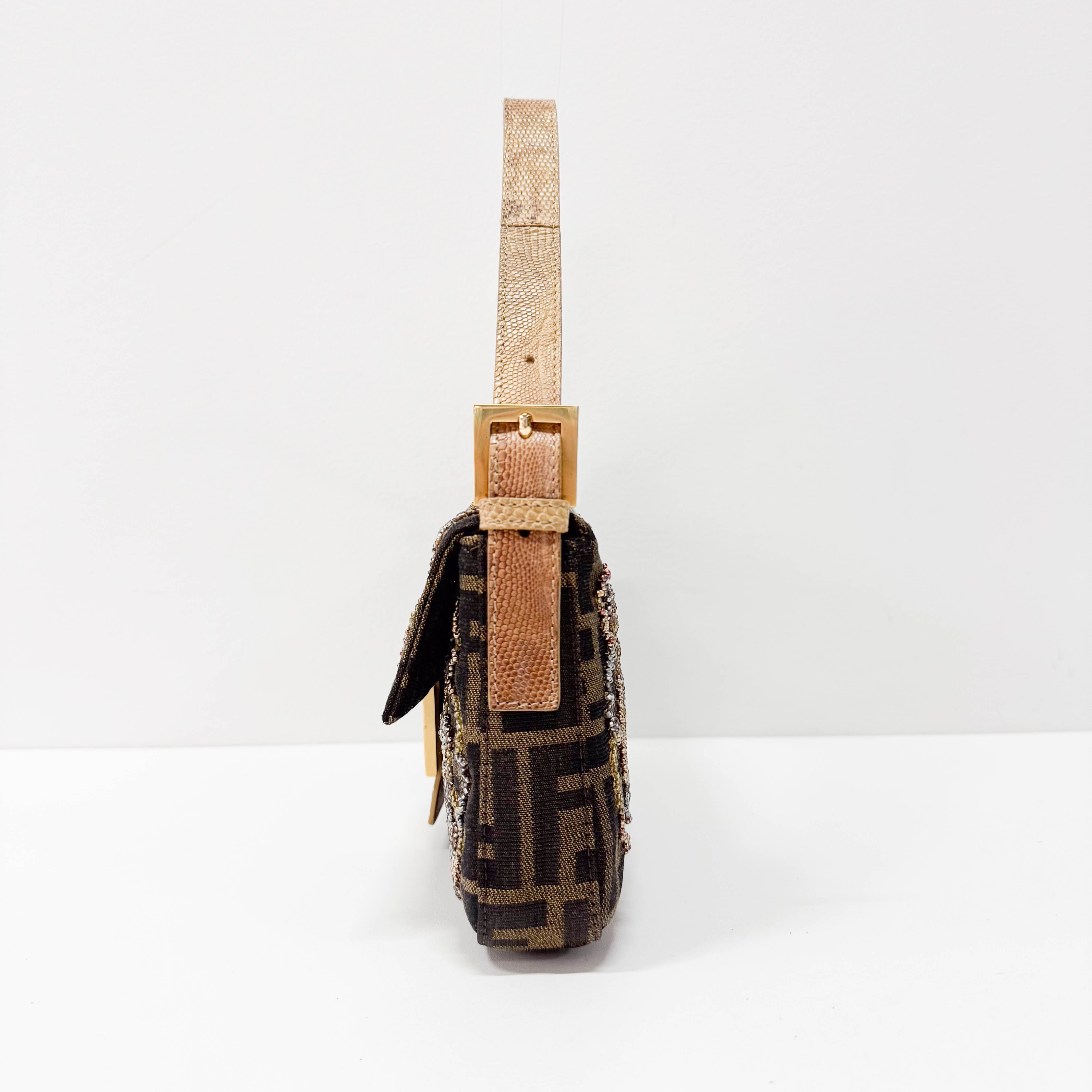 Zucca Baguette Brown Canvas Embroidery Shoulder Bag