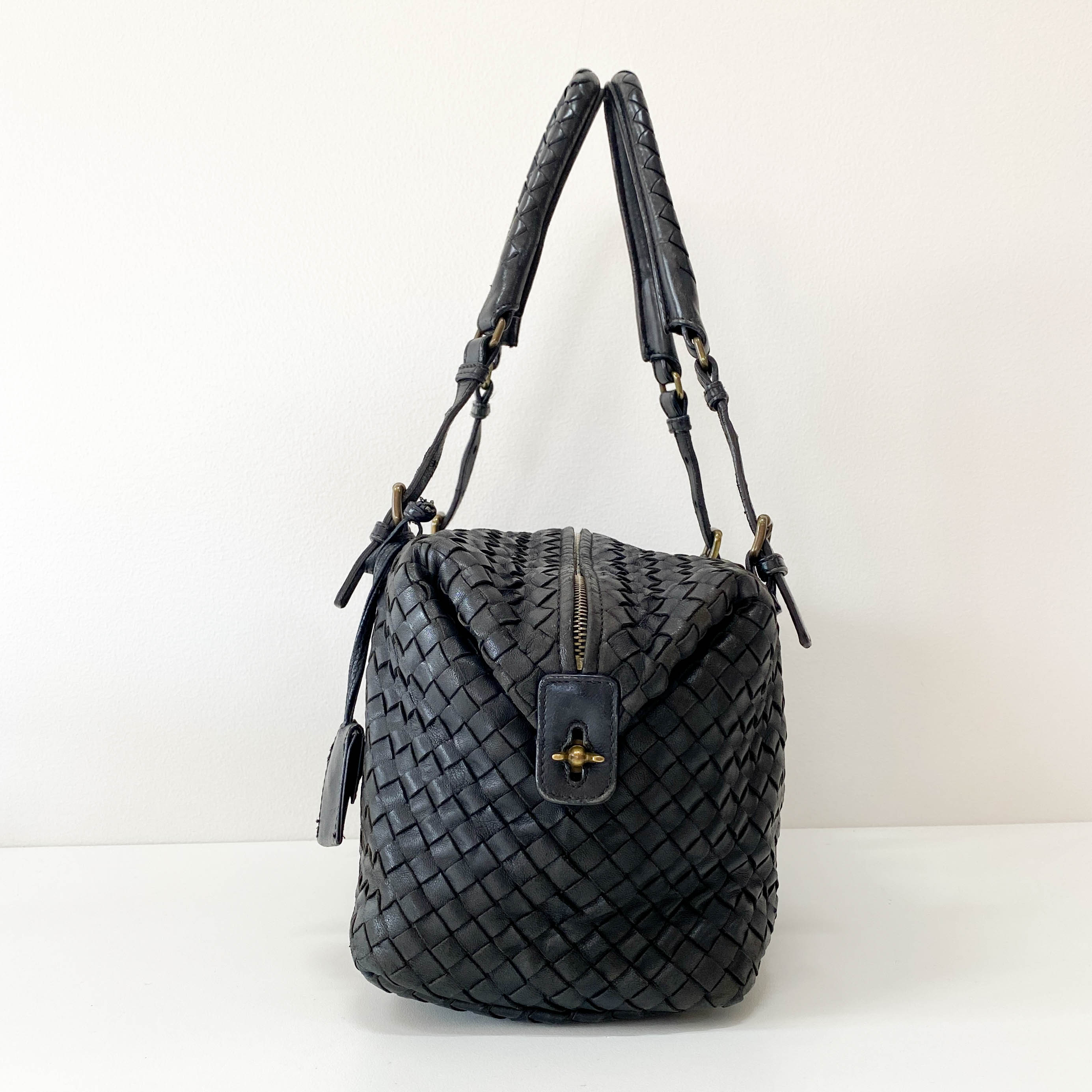 Intrecciato Black Leather Bowling Bag