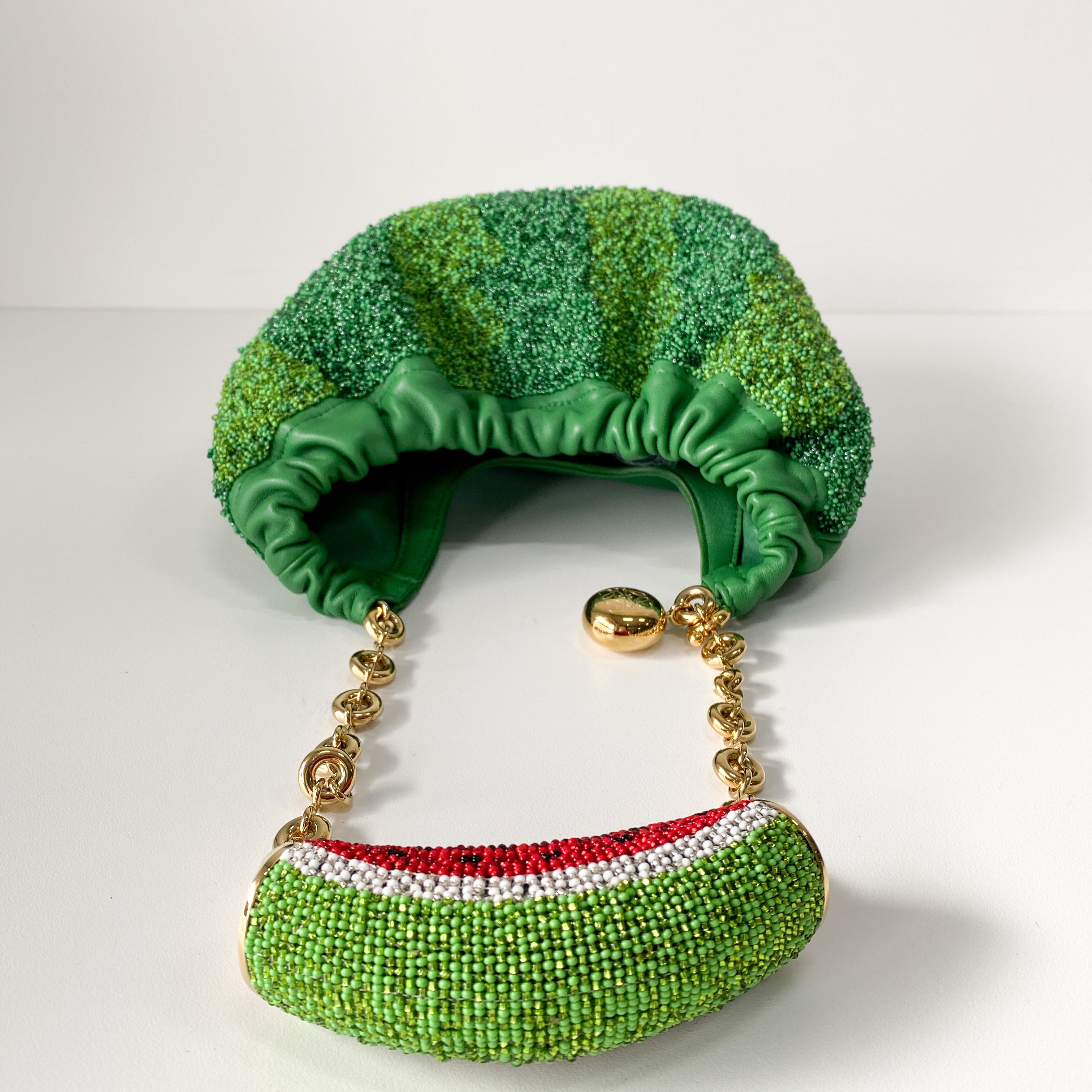 Squeeze Mini Green Leather Beaded Two Way Bag