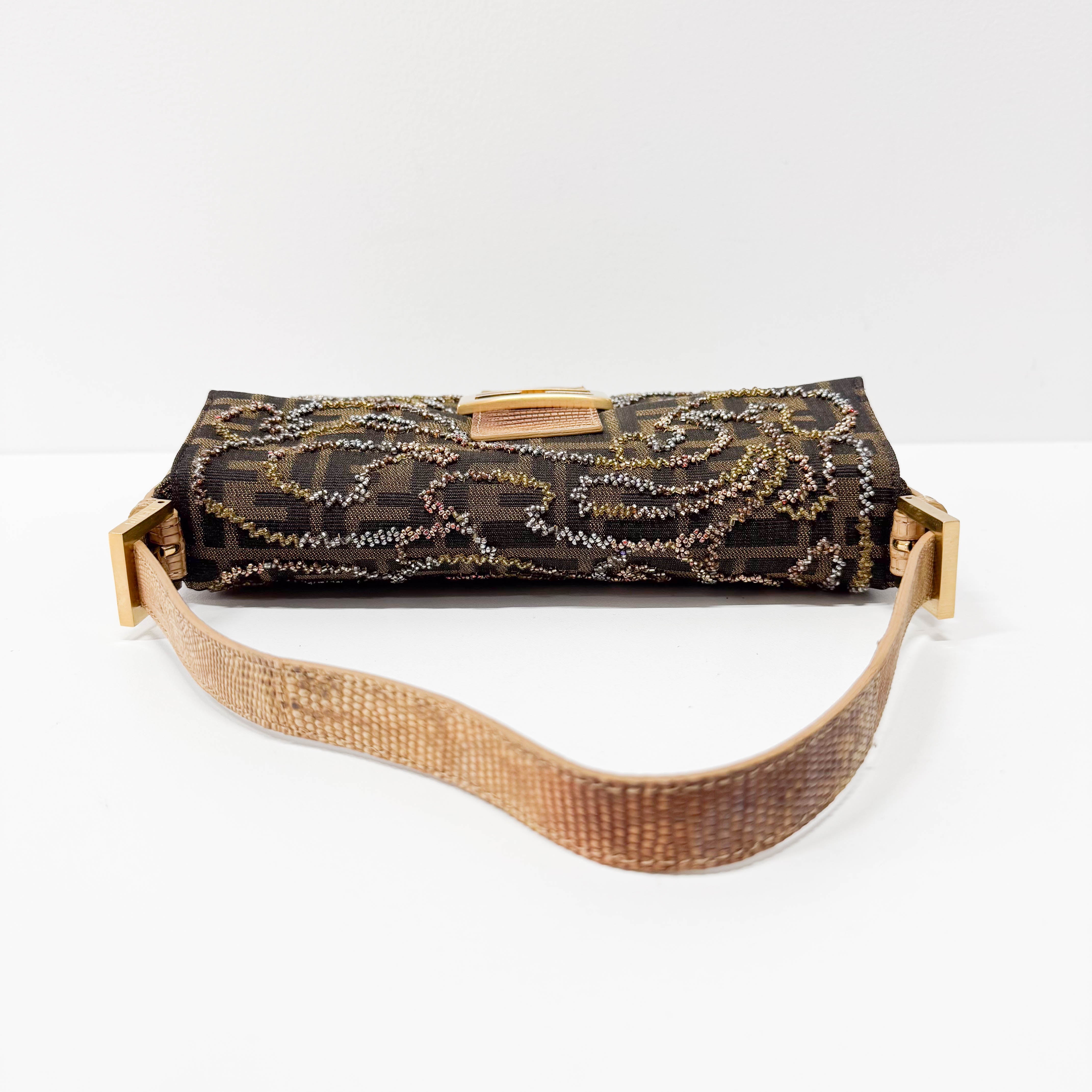 Zucca Baguette Brown Canvas Embroidery Shoulder Bag