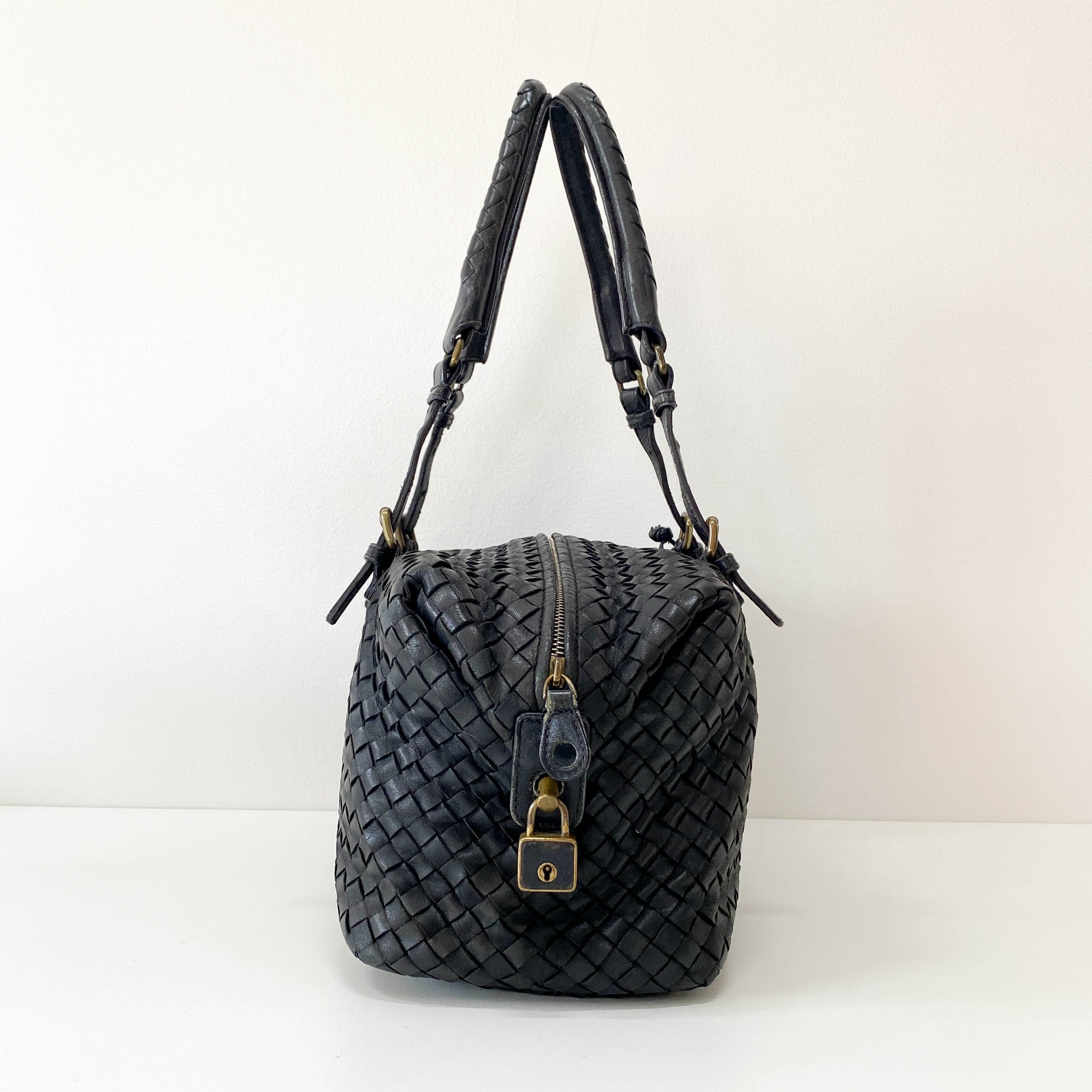 Intrecciato Black Leather Bowling Bag