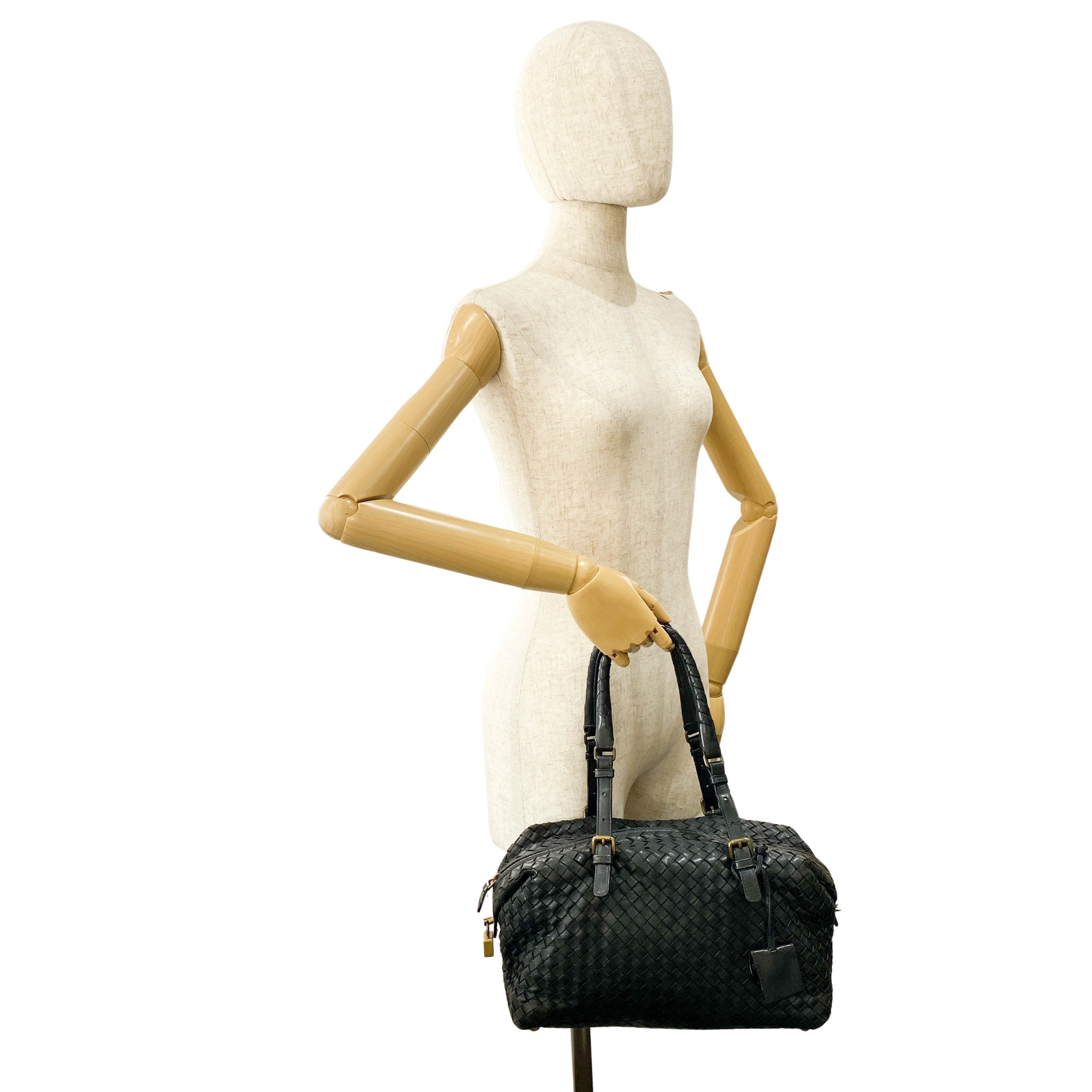 Intrecciato Black Leather Bowling Bag