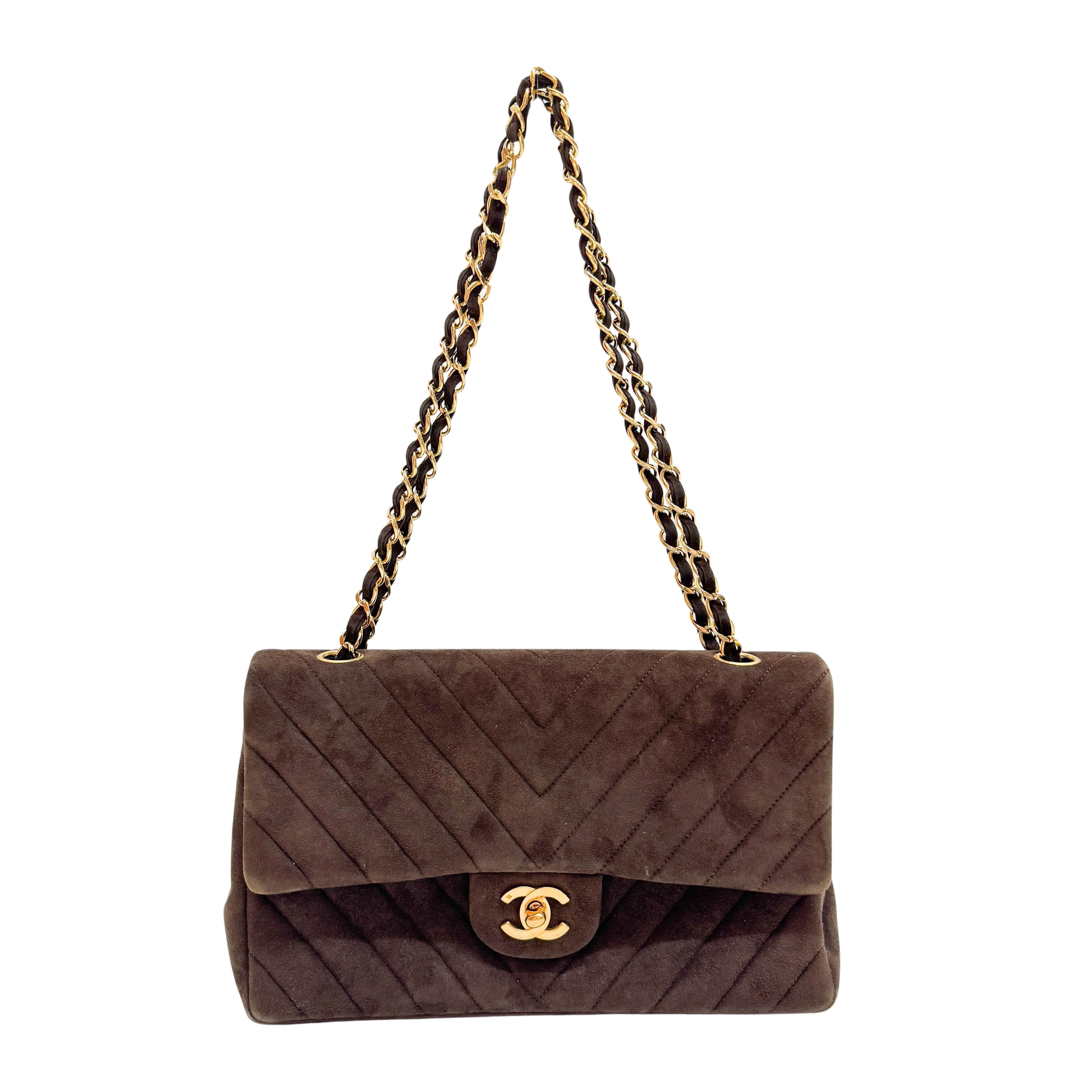 Chevron Classic Double Flap Brown Suede Double Chain Shoulder Bag