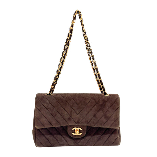 Chevron Classic Double Flap Brown Suede Double Chain Shoulder Bag