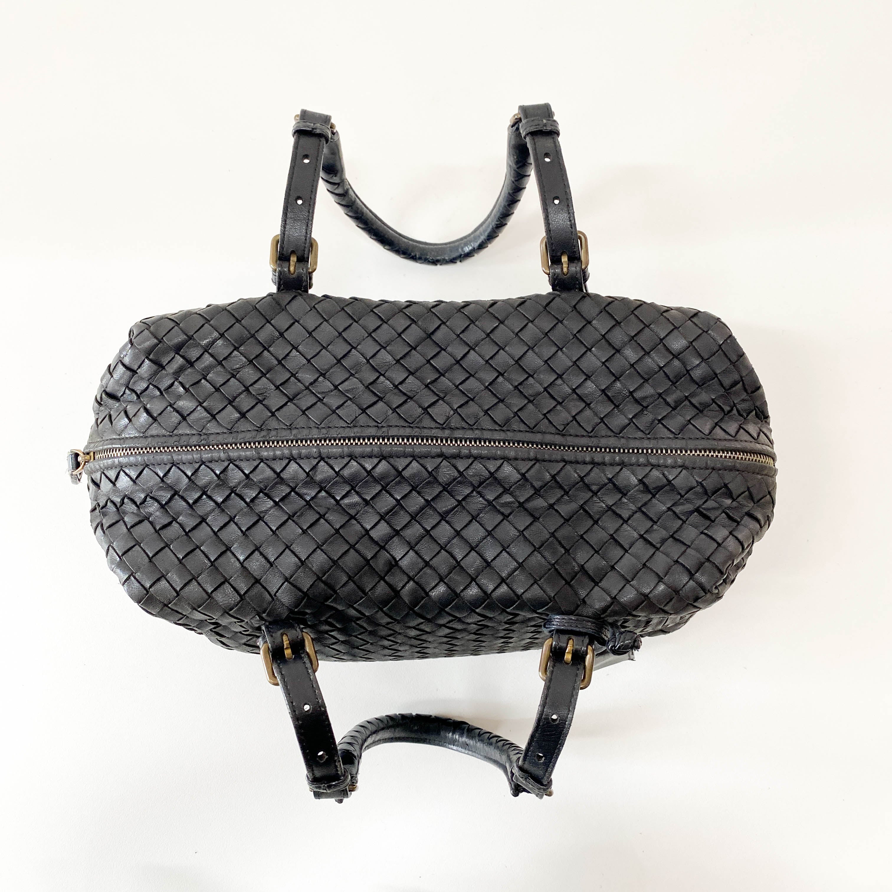 Intrecciato Black Leather Bowling Bag