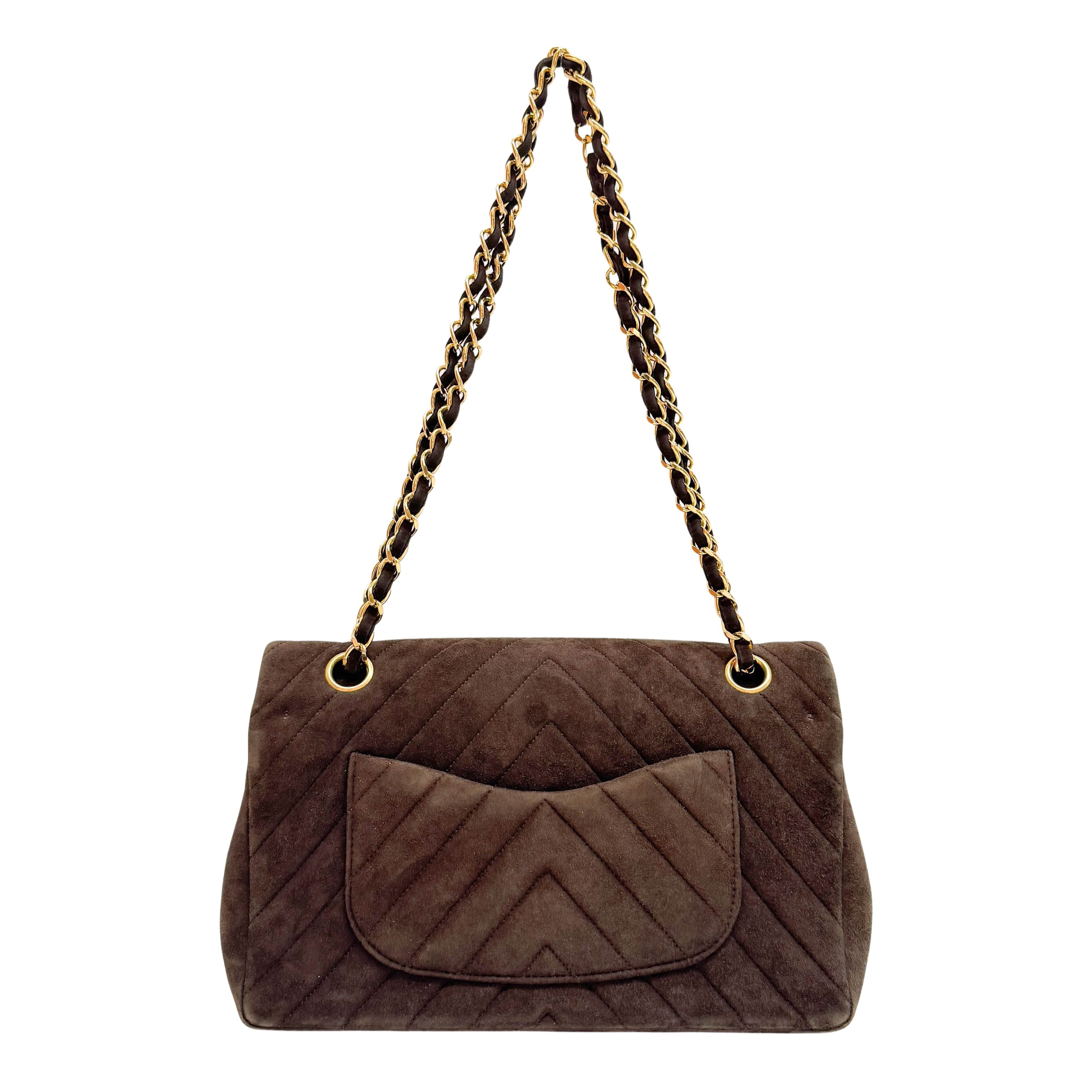 Chevron Classic Double Flap Brown Suede Double Chain Shoulder Bag