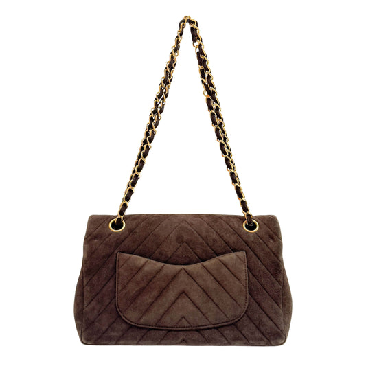 Chevron Classic Double Flap Brown Suede Double Chain Shoulder Bag