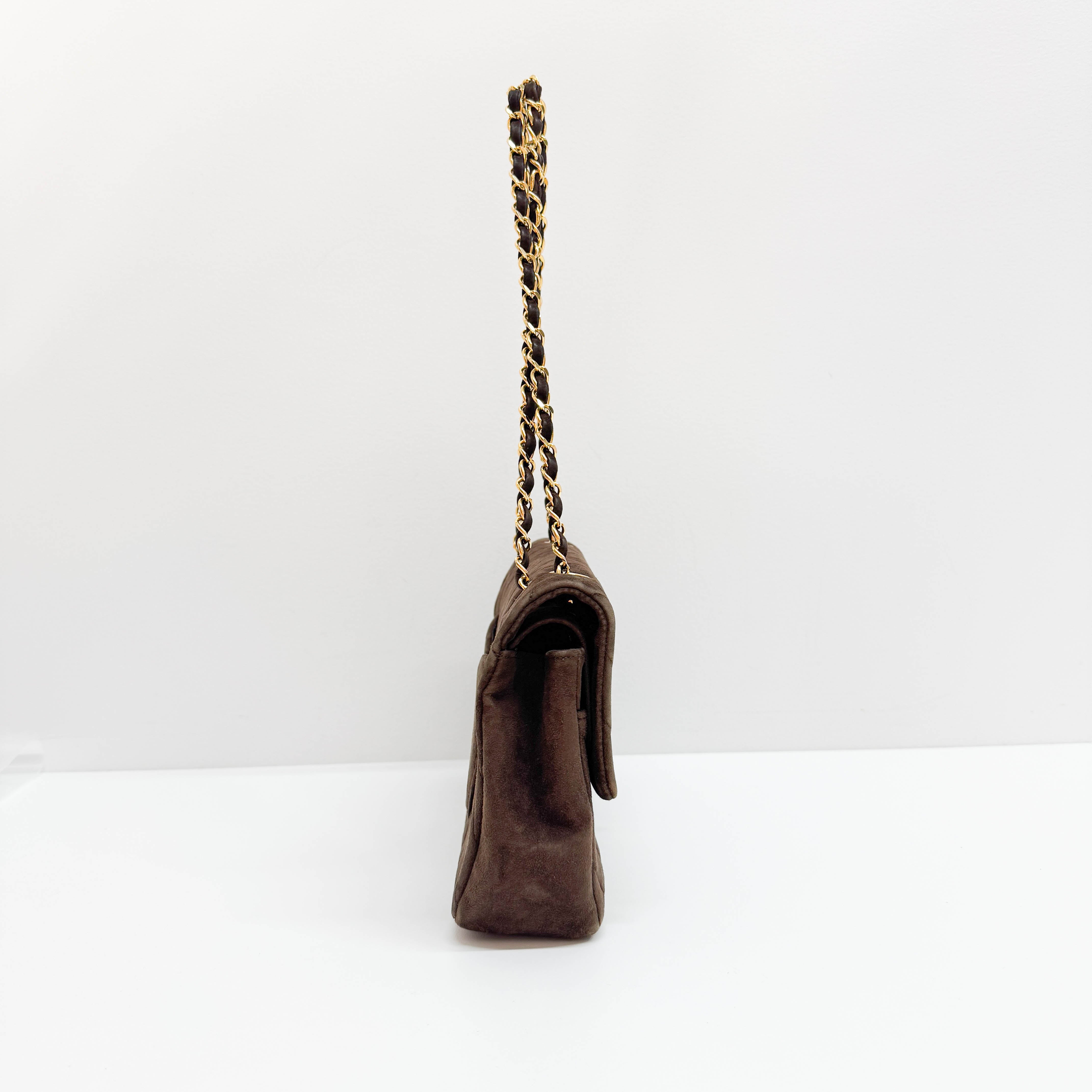 Chevron Classic Double Flap Brown Suede Double Chain Shoulder Bag