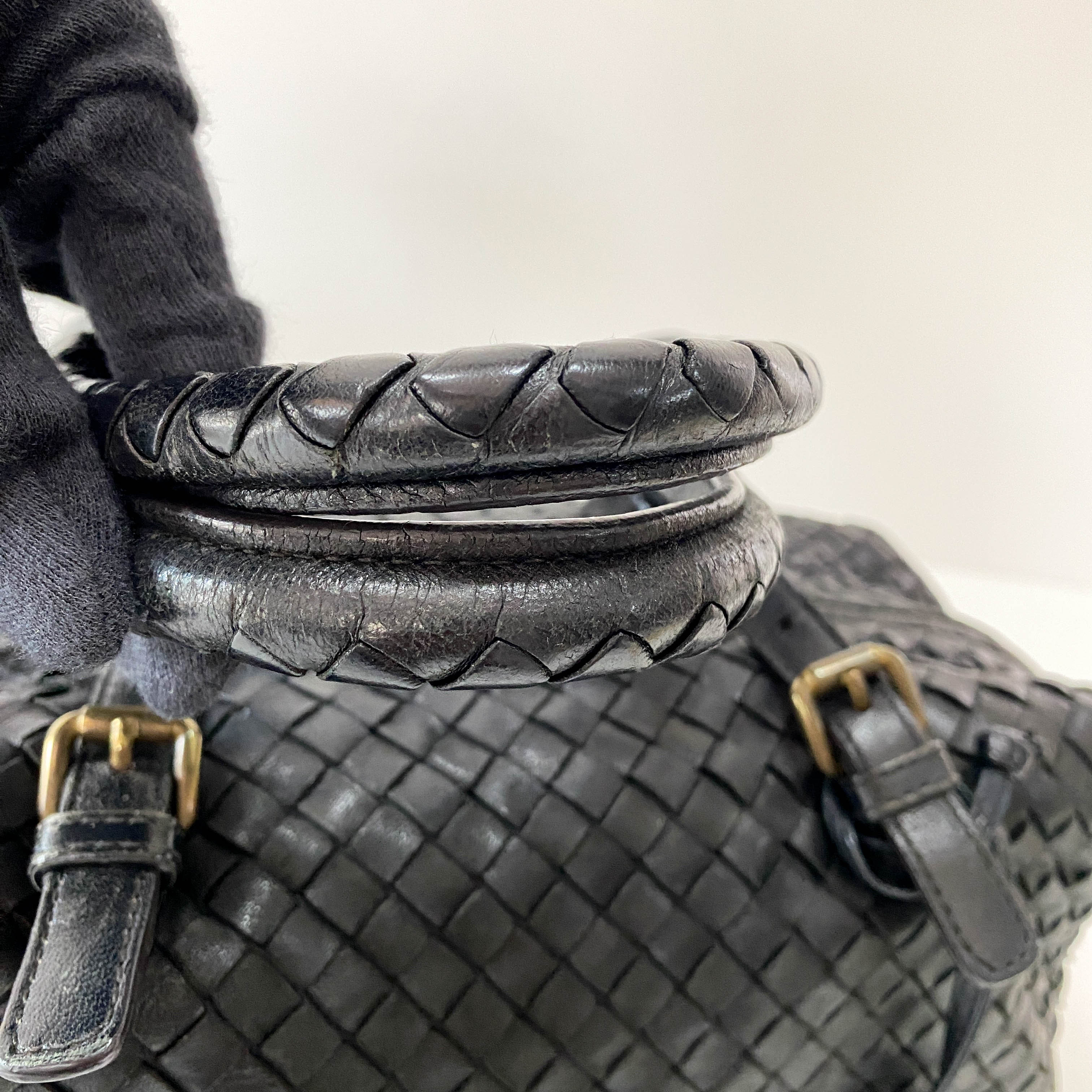 Intrecciato Black Leather Bowling Bag