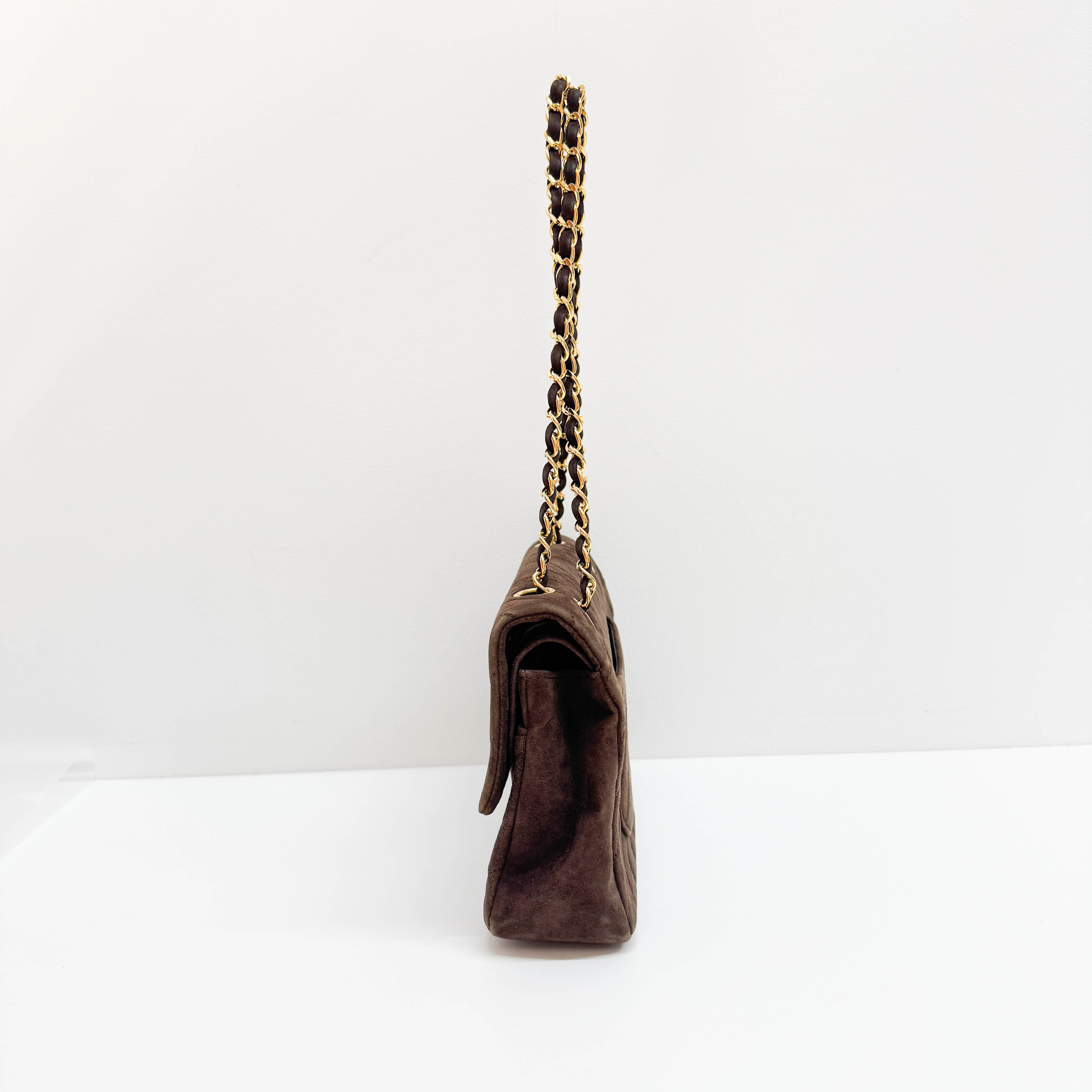 Chevron Classic Double Flap Brown Suede Double Chain Shoulder Bag