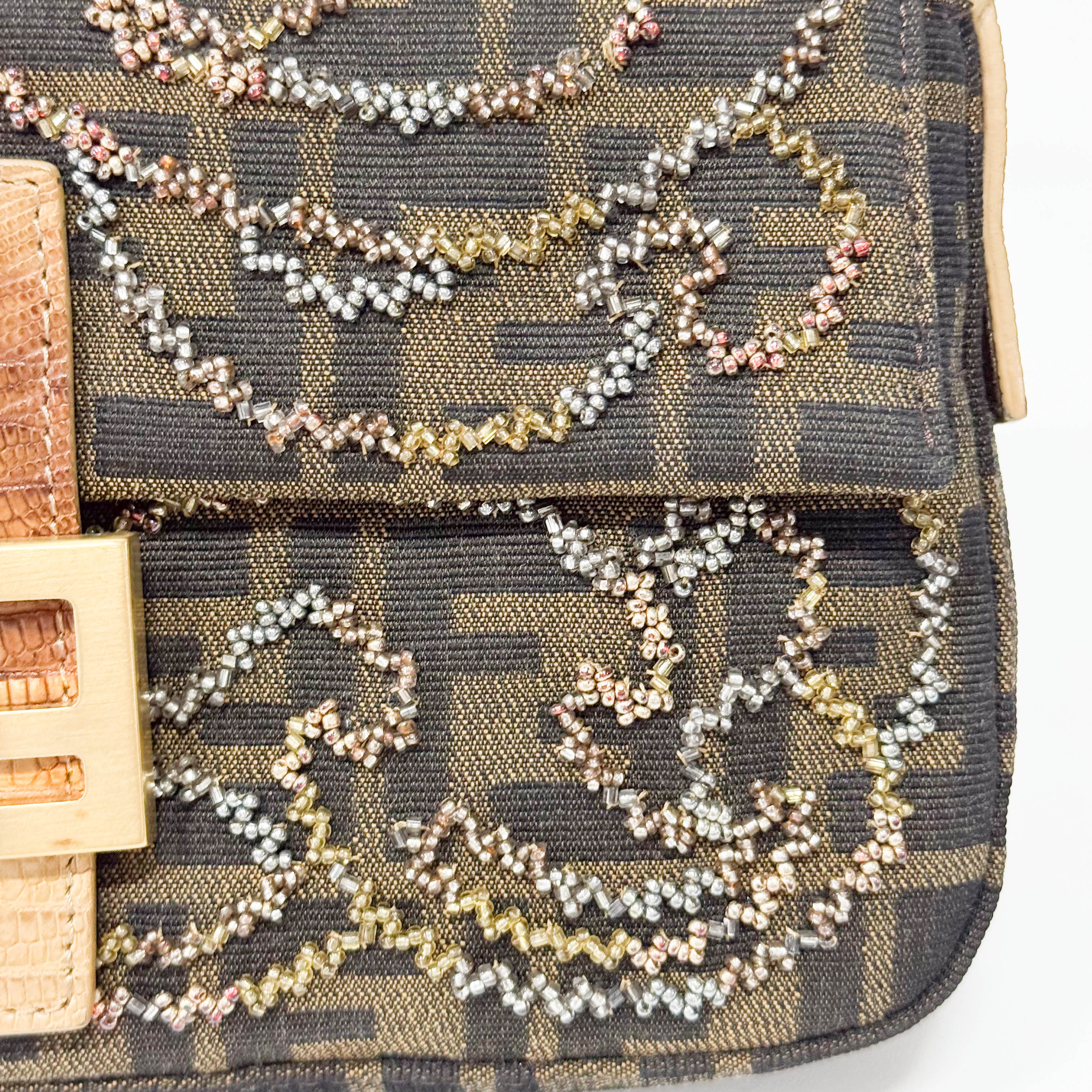 Zucca Baguette Brown Canvas Embroidery Shoulder Bag
