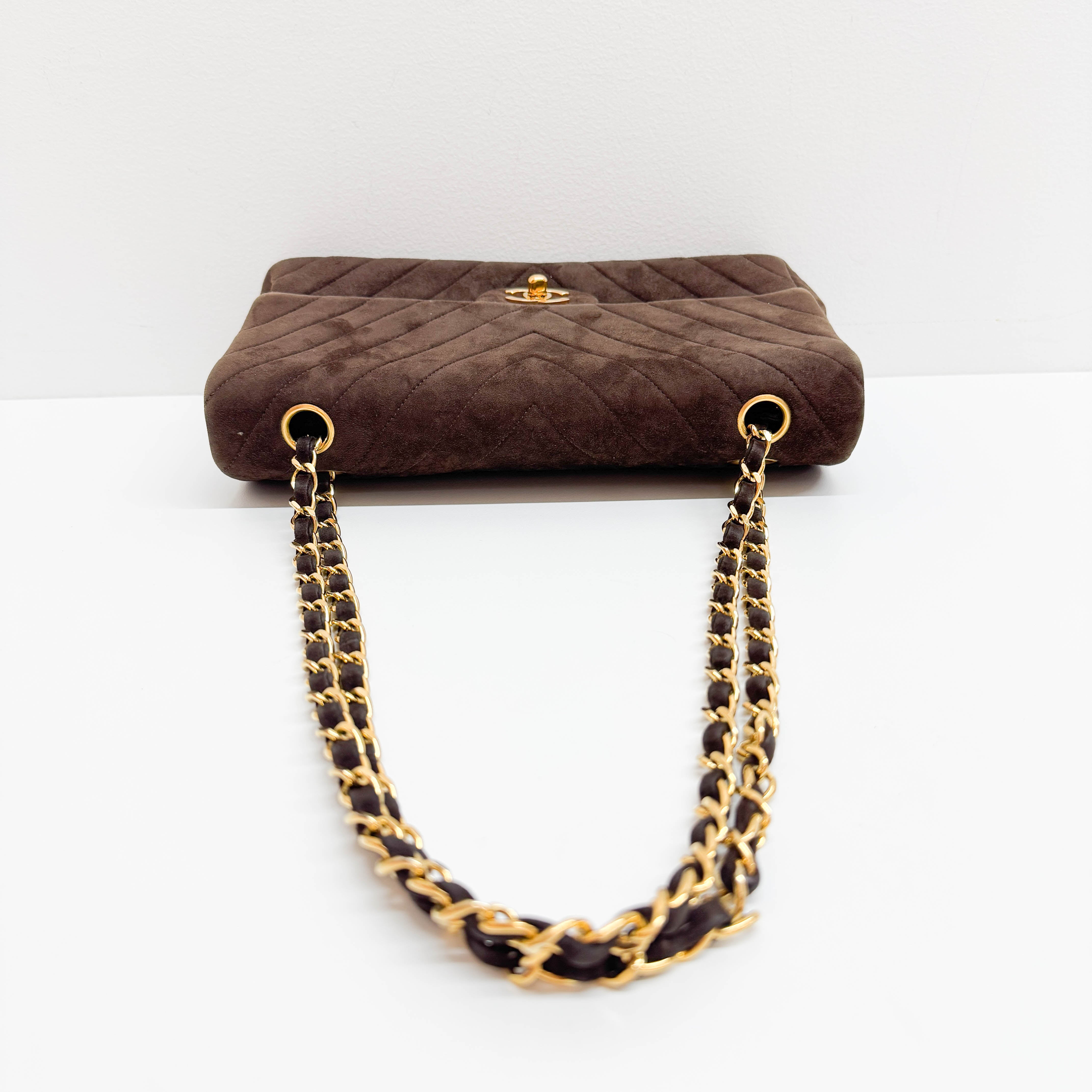 Chevron Classic Double Flap Brown Suede Double Chain Shoulder Bag