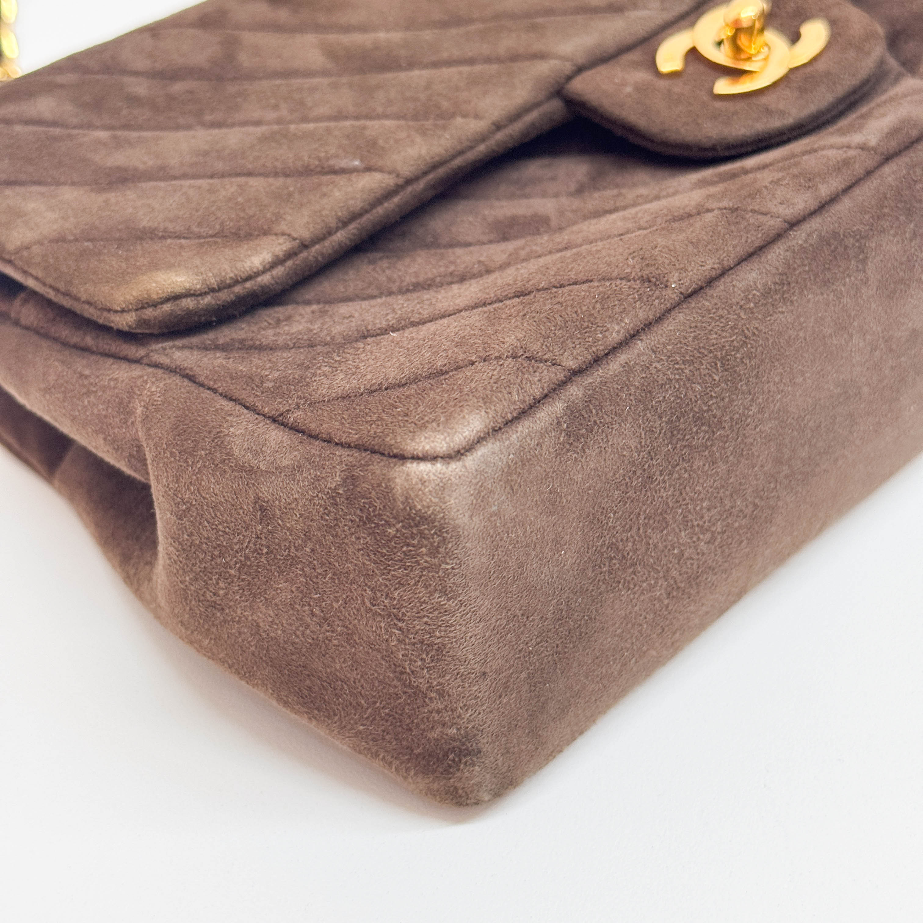 Chevron Classic Double Flap Brown Suede Double Chain Shoulder Bag