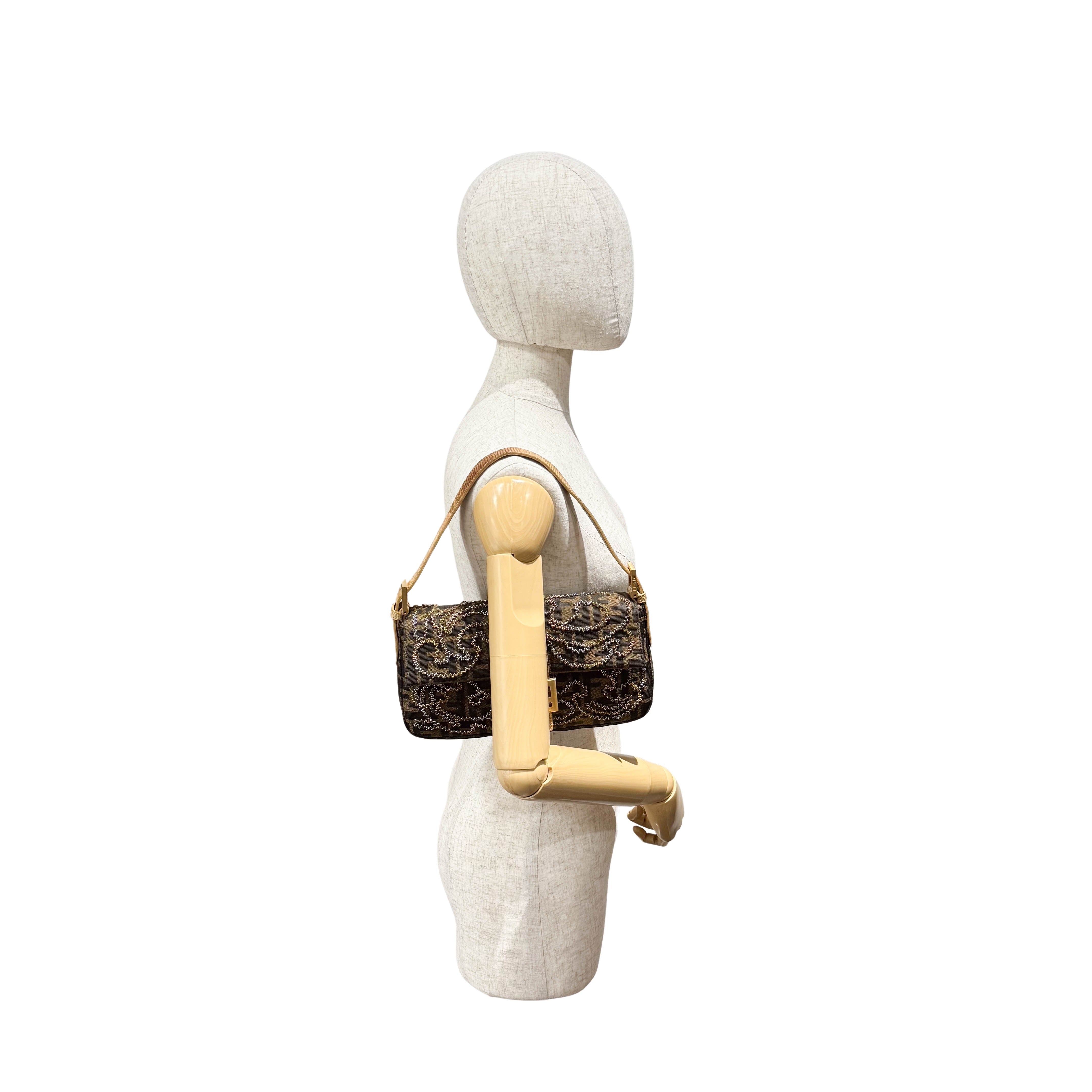 Zucca Baguette Brown Canvas Embroidery Shoulder Bag