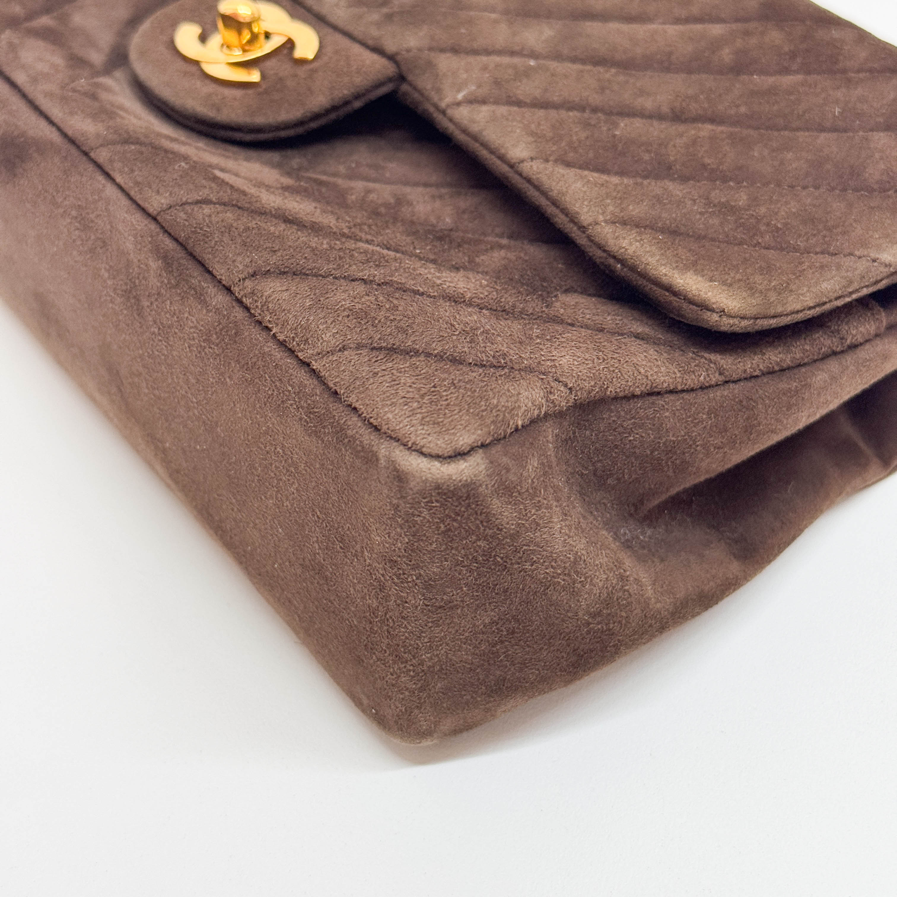 Chevron Classic Double Flap Brown Suede Double Chain Shoulder Bag