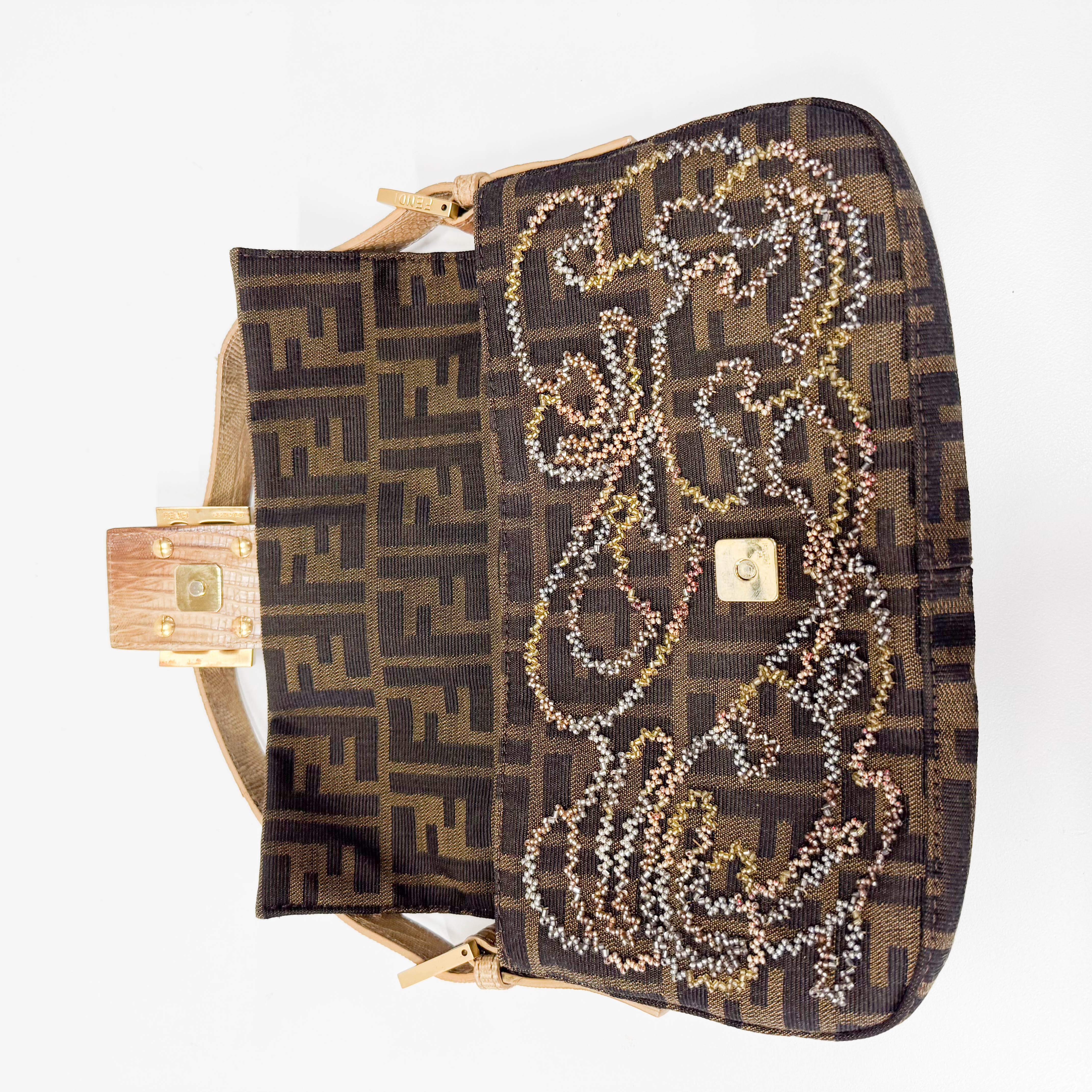 Zucca Baguette Brown Canvas Embroidery Shoulder Bag