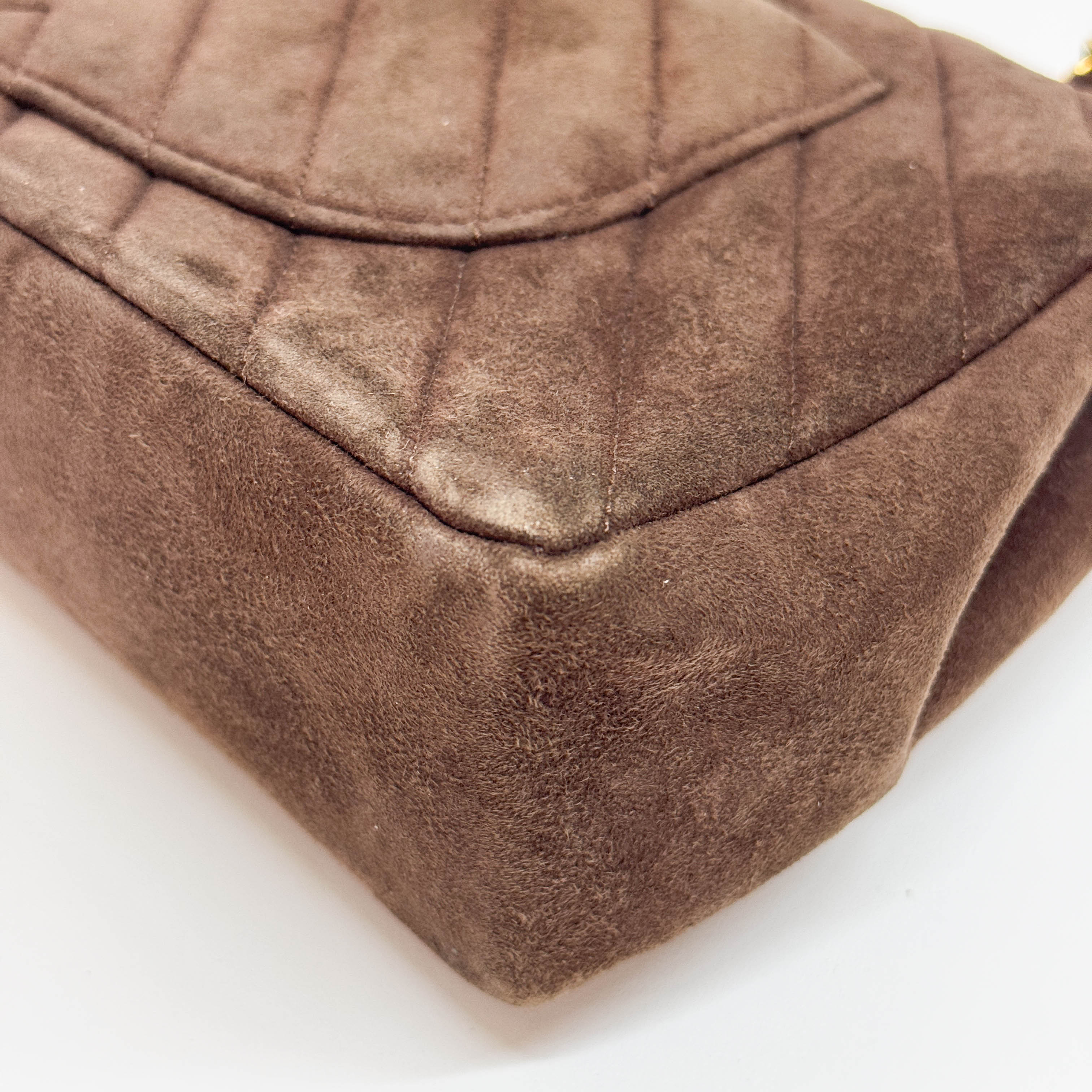 Chevron Classic Double Flap Brown Suede Double Chain Shoulder Bag