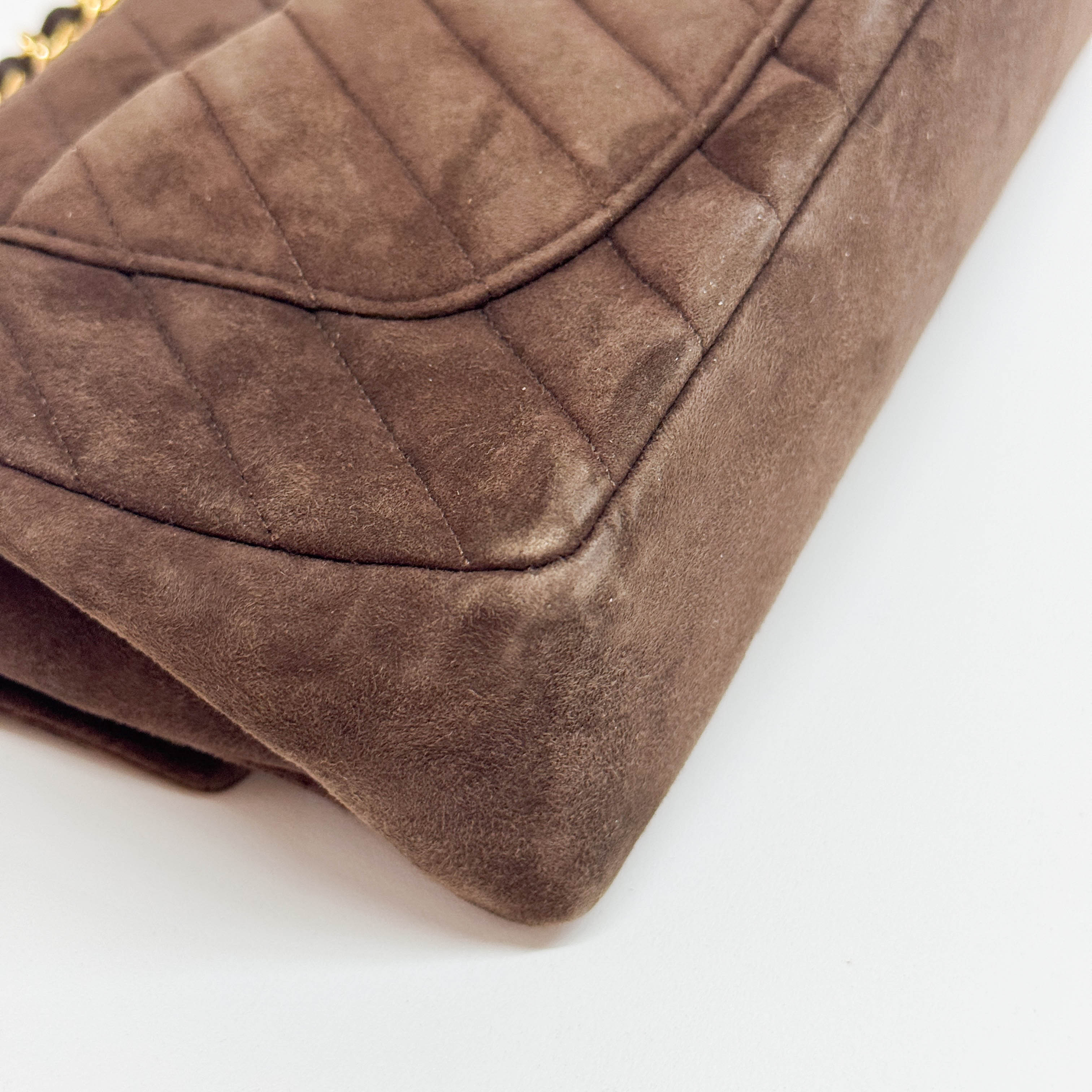 Chevron Classic Double Flap Brown Suede Double Chain Shoulder Bag