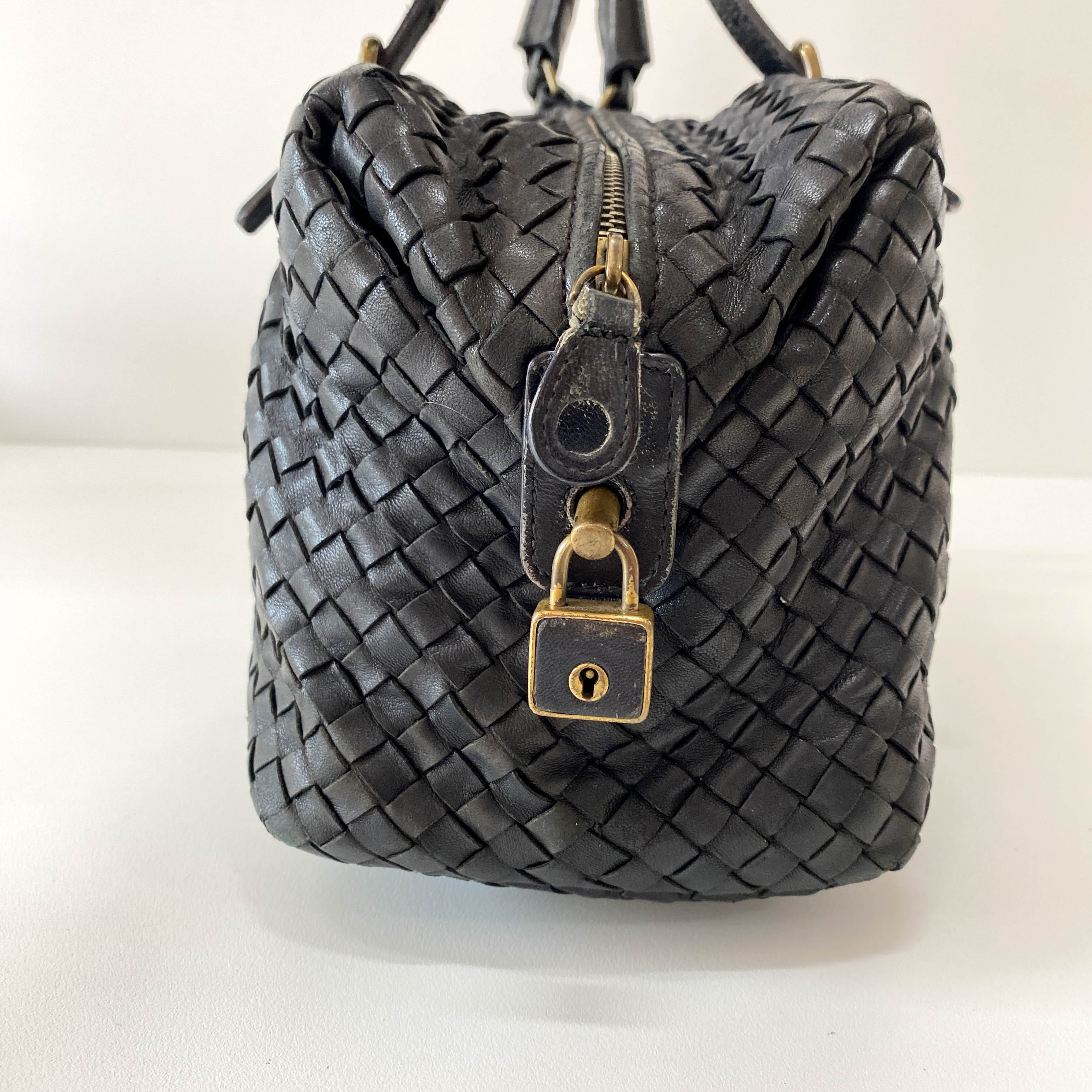 Intrecciato Black Leather Bowling Bag