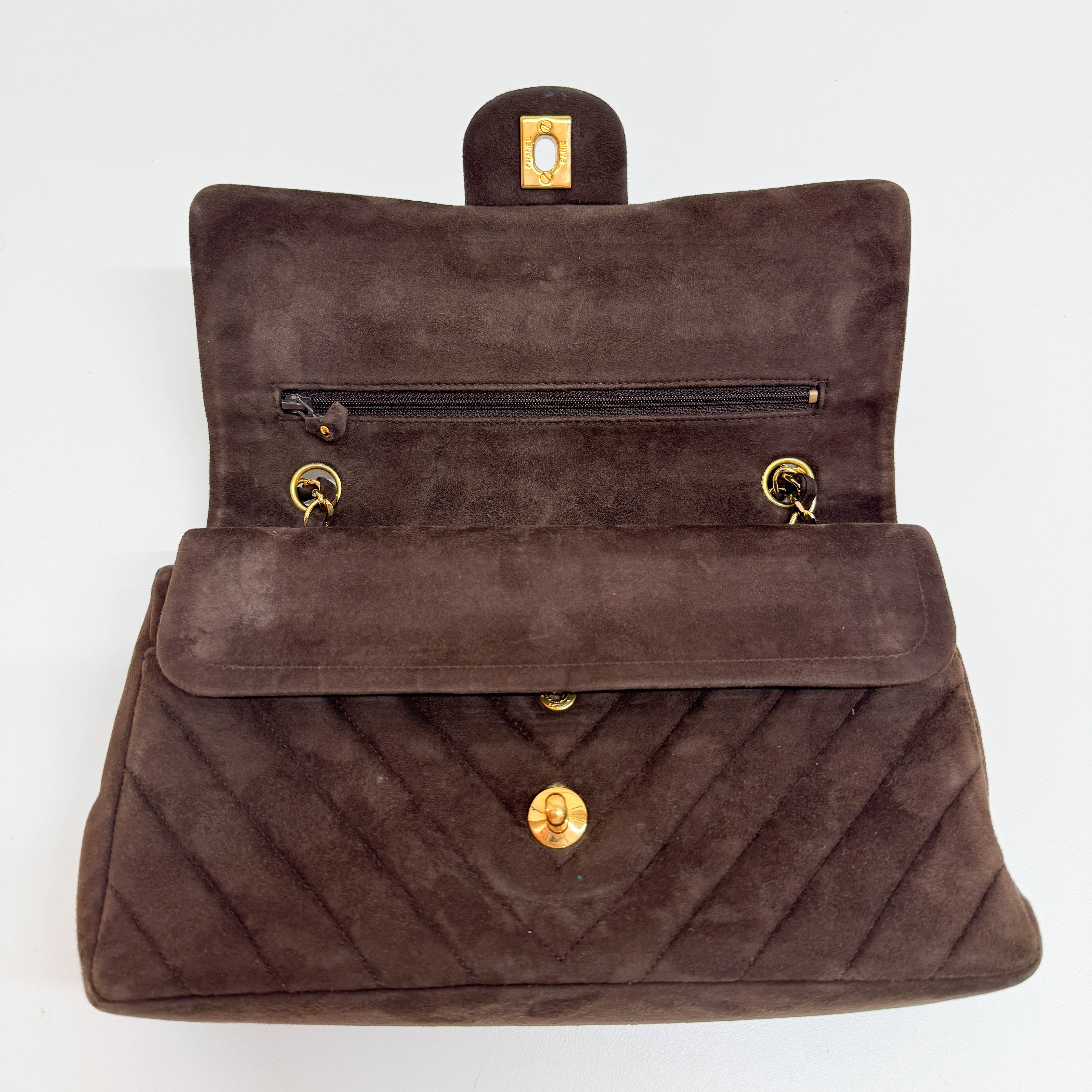 Chevron Classic Double Flap Brown Suede Double Chain Shoulder Bag