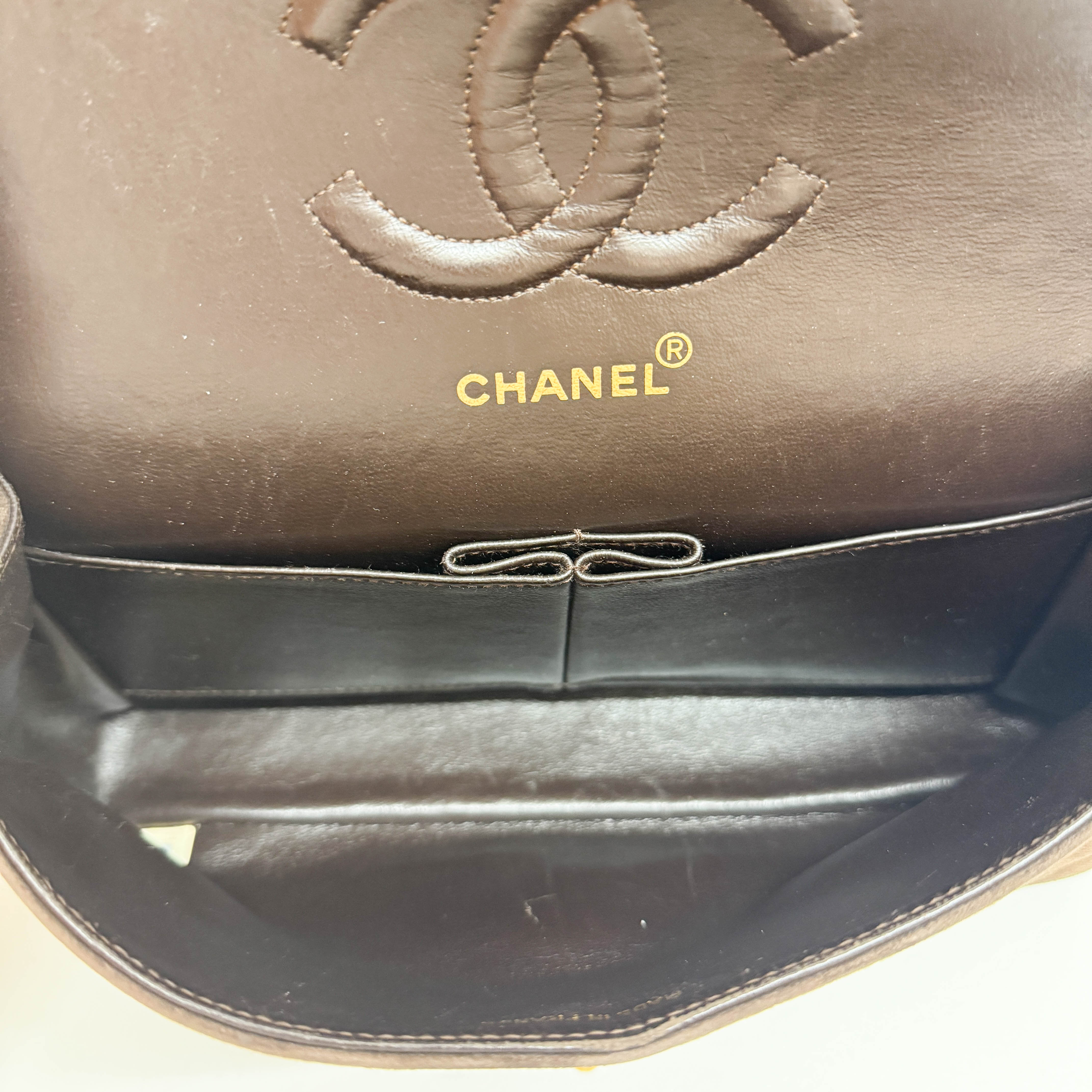 Chevron Classic Double Flap Brown Suede Double Chain Shoulder Bag