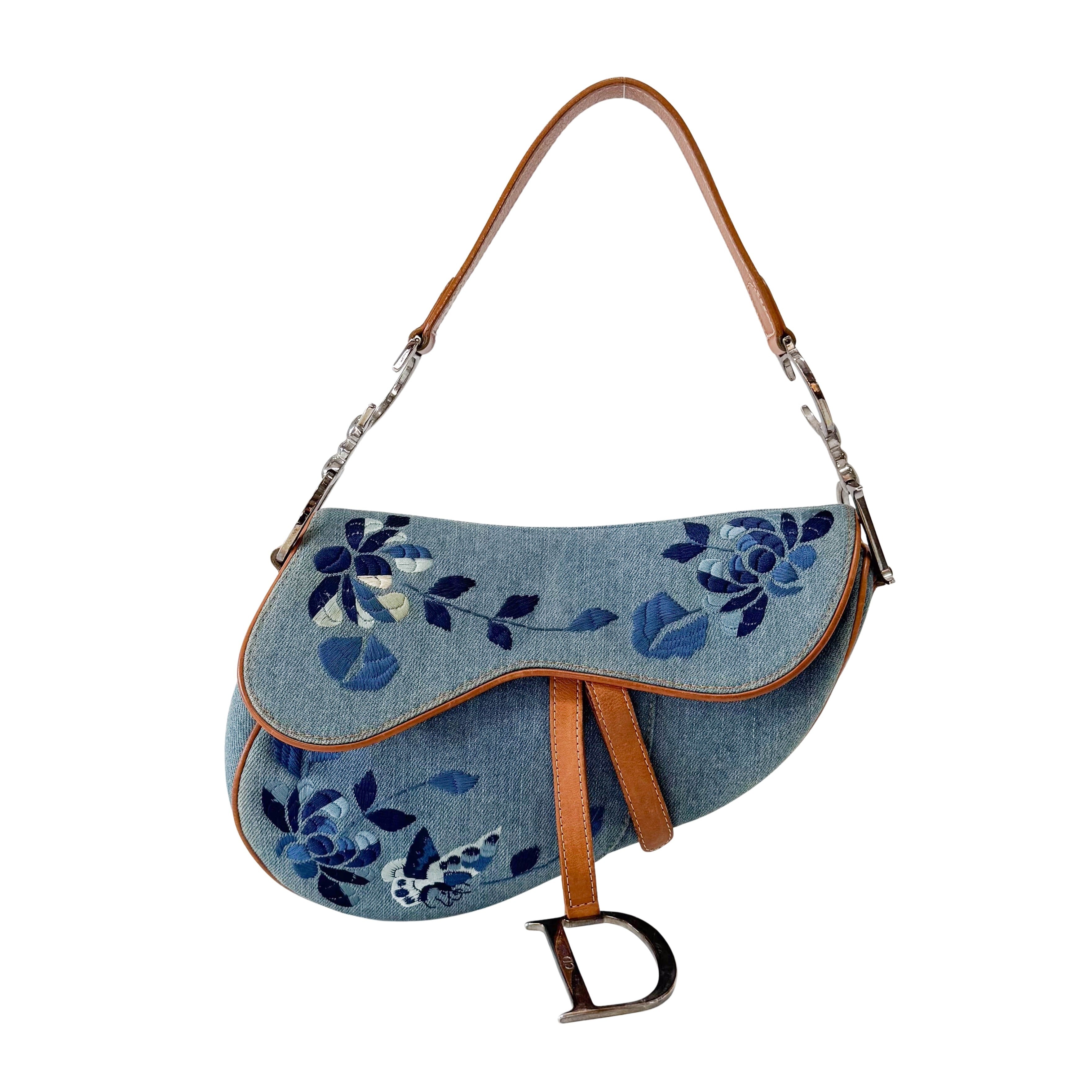 Saddle Denim Flower Embroidered Shoulder Bag