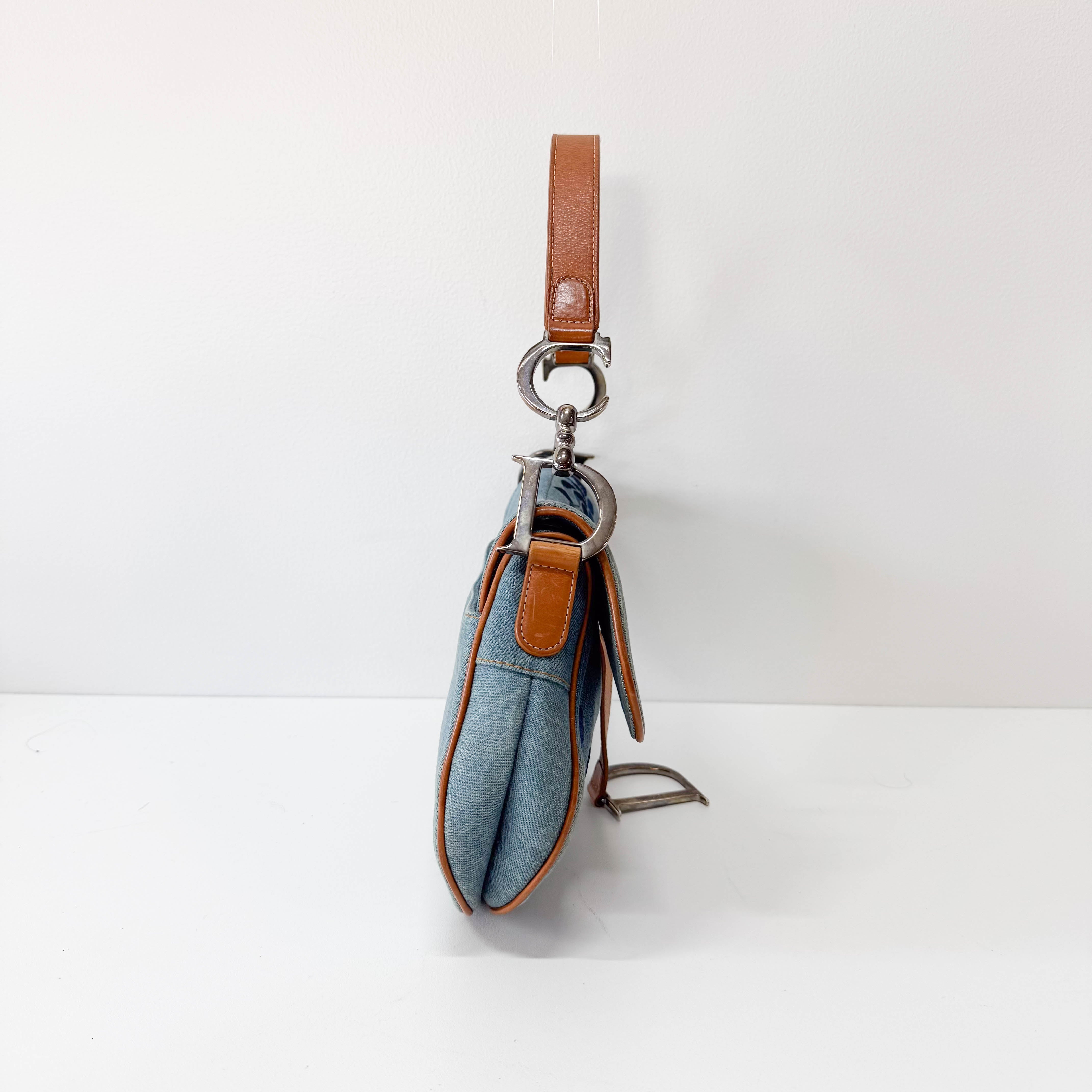 Saddle Denim Flower Embroidered Shoulder Bag