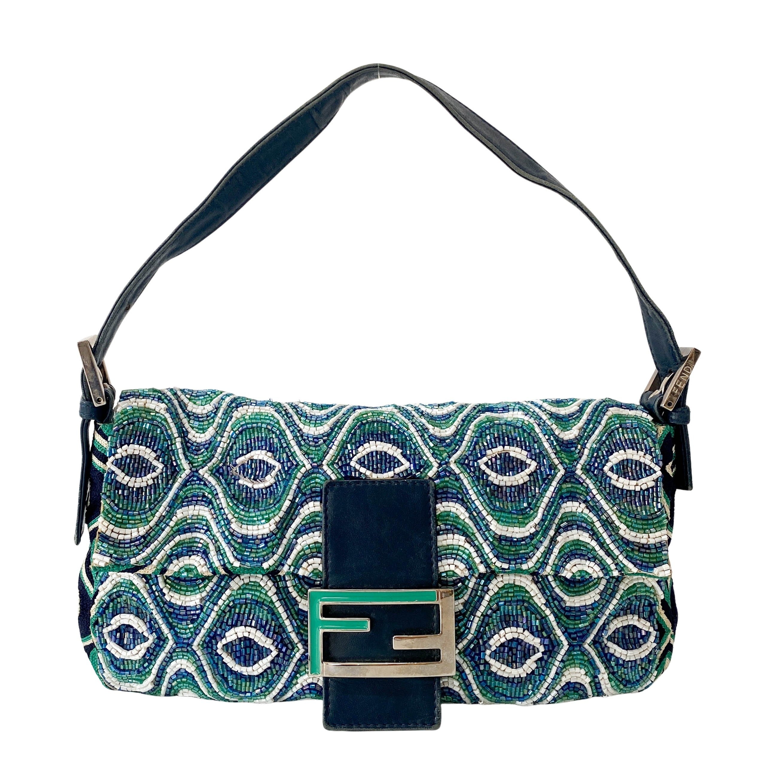 Baguette Beaded Green Geometric Pattern Shoulder Bag