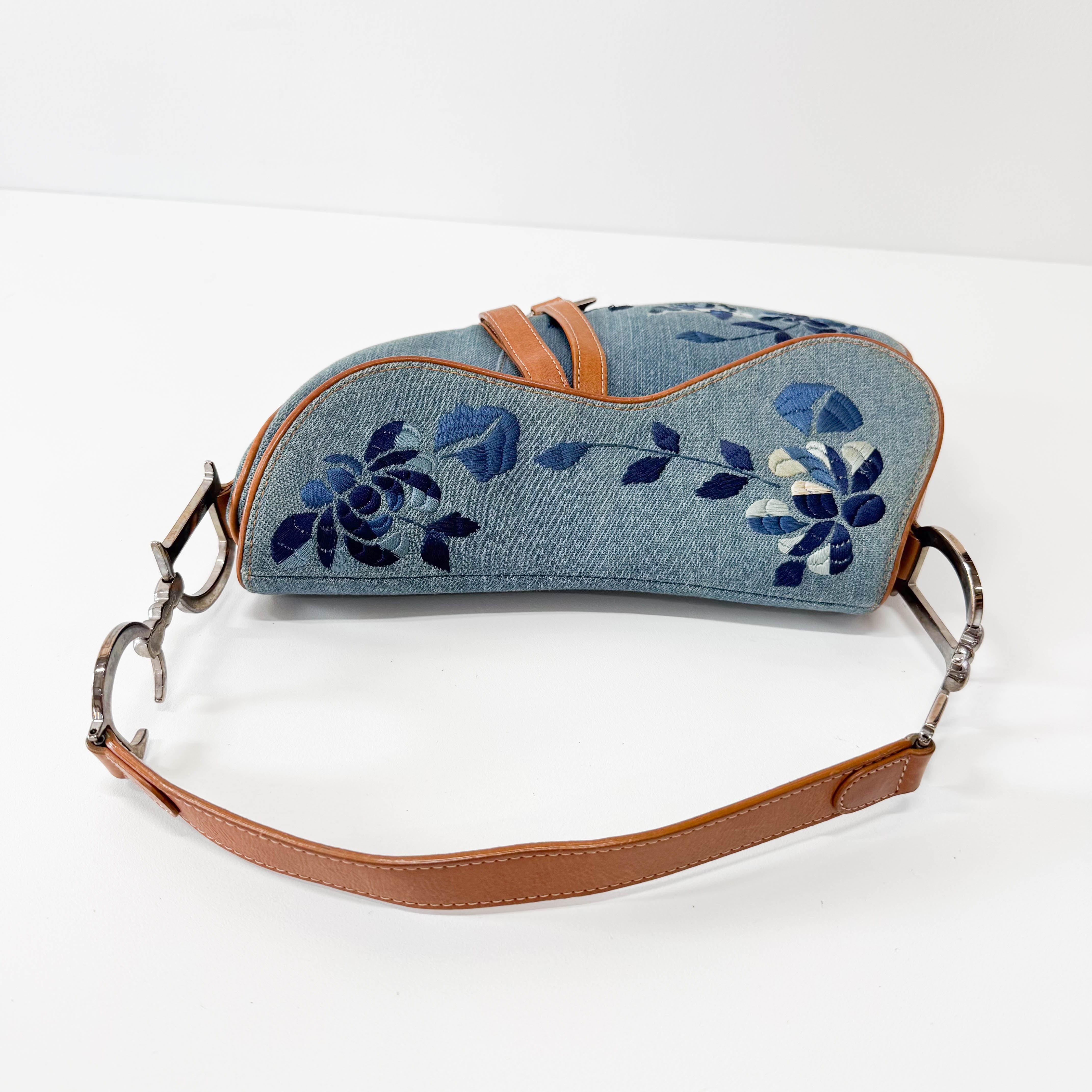 Saddle Denim Flower Embroidered Shoulder Bag