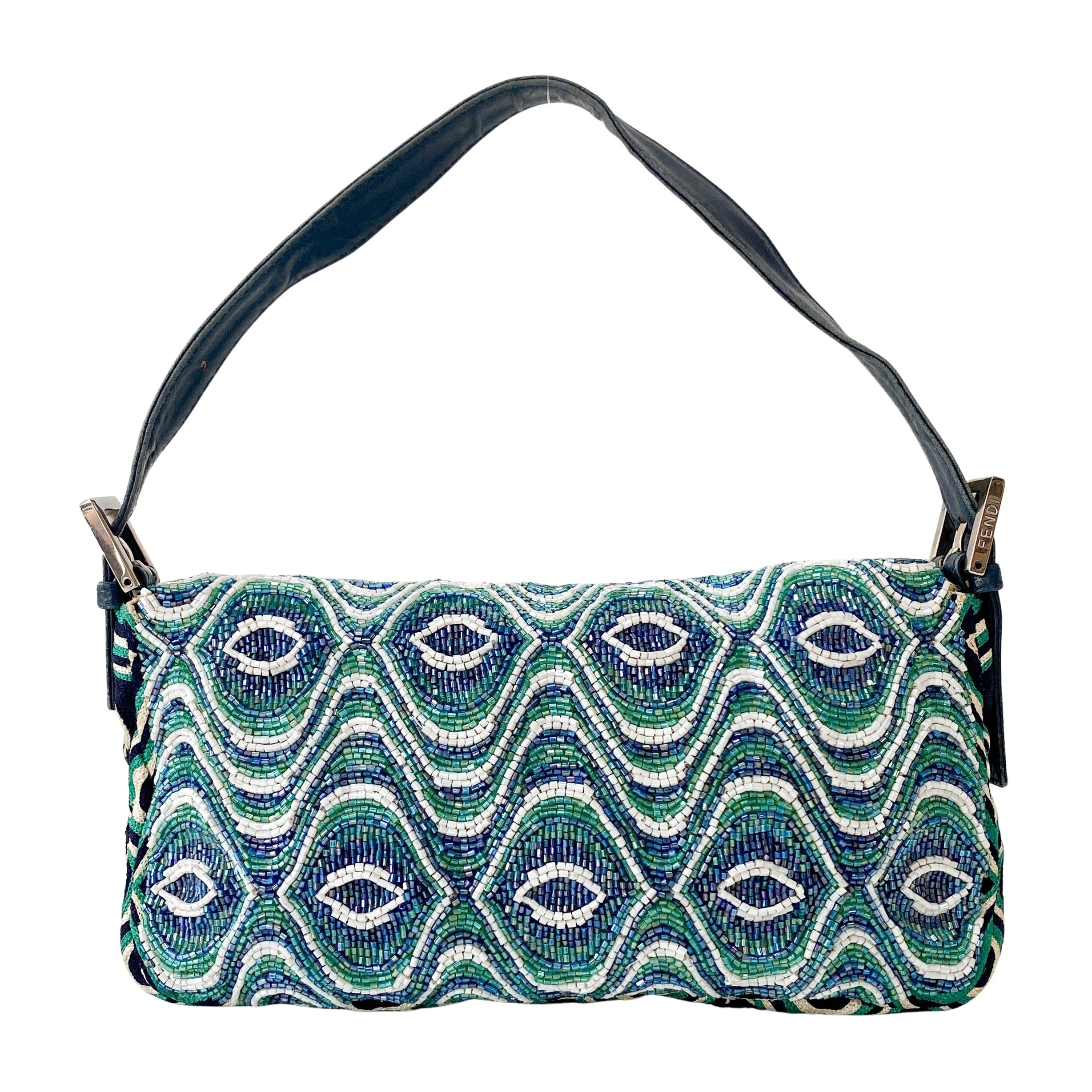 Baguette Beaded Green Geometric Pattern Shoulder Bag