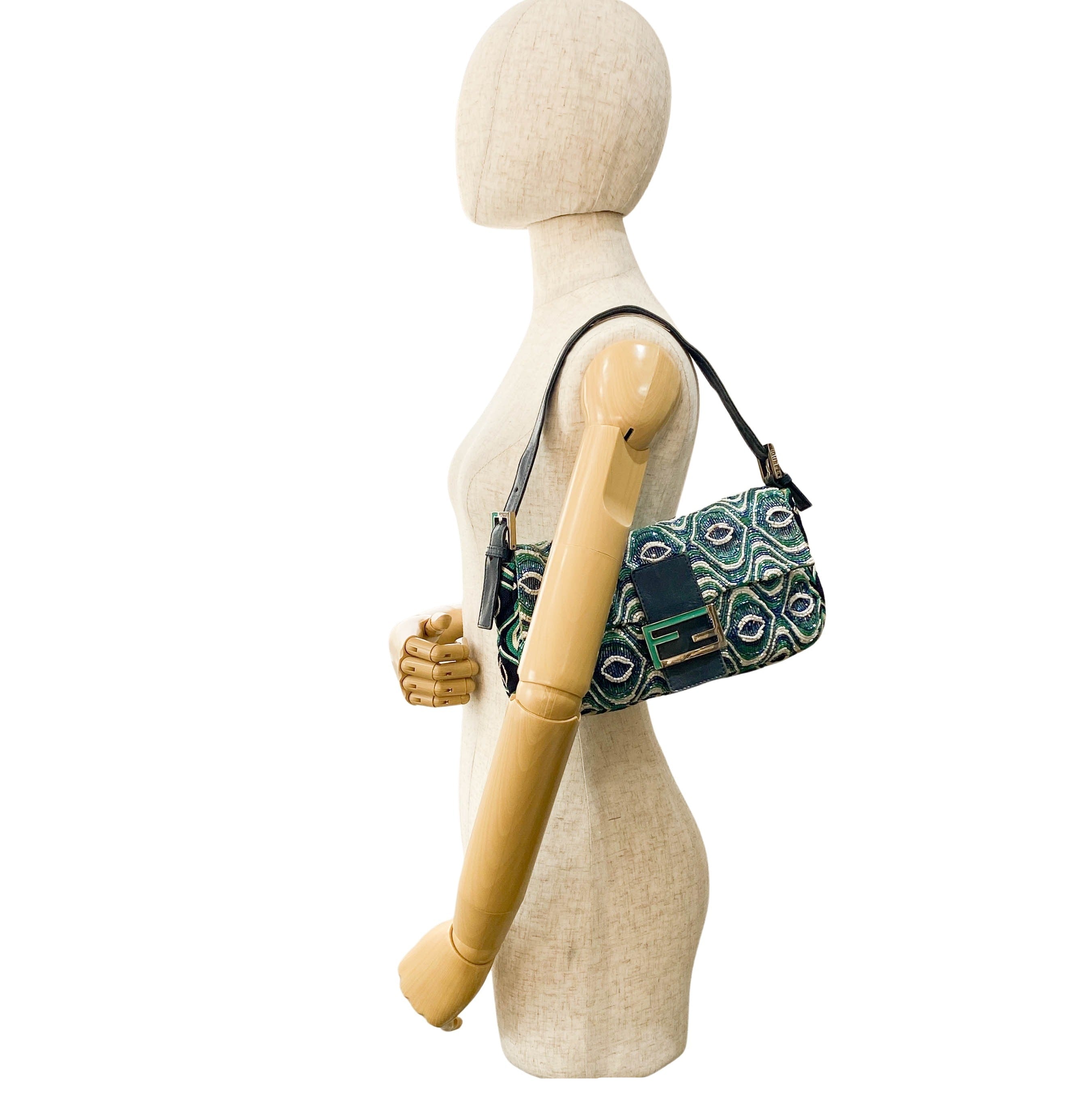 Baguette Beaded Green Geometric Pattern Shoulder Bag