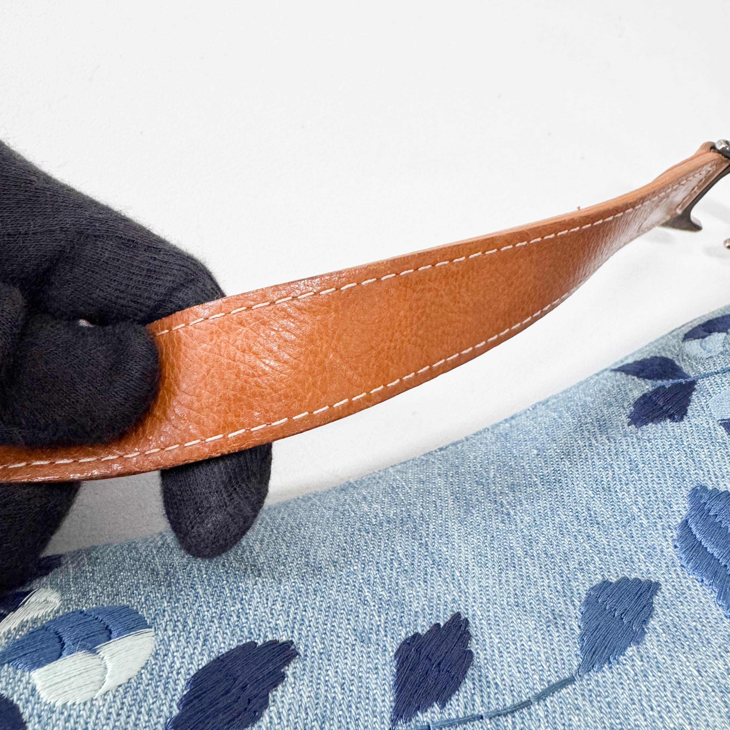 Saddle Denim Flower Embroidered Shoulder Bag